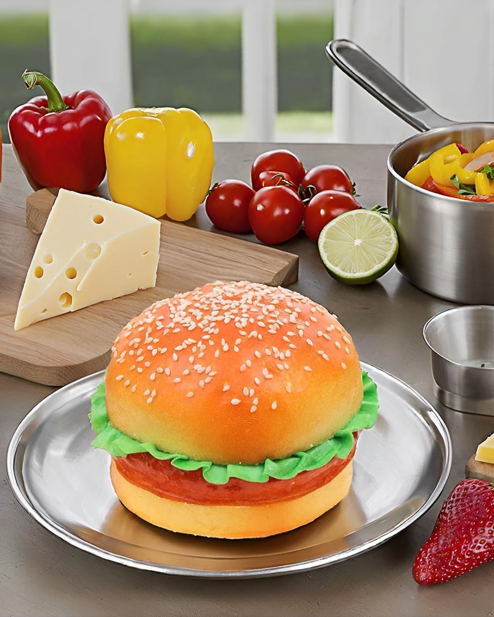 4PCS Artificial Hamburger Fake Food Bread Model Photography Prop for Home Kitchen Party Decoration