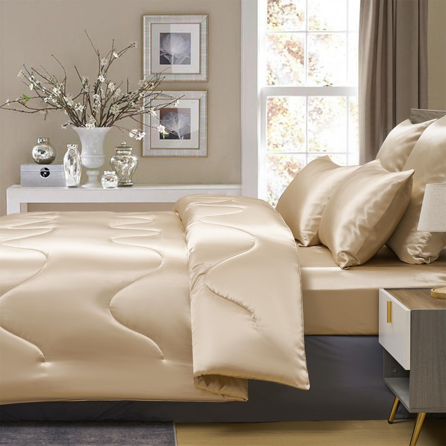 Satin Bettdecke 135x200 Beige Sommerdecke 135x200 200 GSM Seidige Seide Sommerdecke Satin Leicht Weich Glatt Glänzend Deluxe Steppdecke für Sommer mit 80x80 cm Kissenbezug