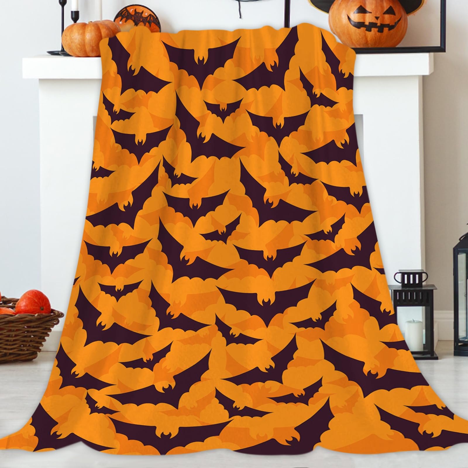 JOOCAR Black Bats Throw Blanket Halloween Night Orange Throw Blanket Festival Gift Cozy Soft Lightweight Flannel Plush Blankets for Bed Couch Living Room Sofa Chair,50x60 Inch