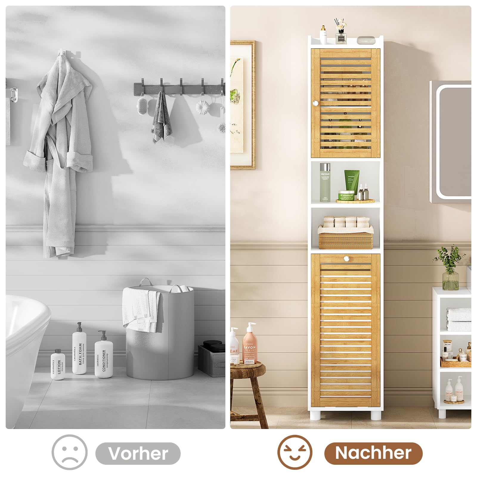 Badezimmerschrank hoch mit Wäschekorb, Badschrank hochschrank mit verstellbaren Ablagen, offene Fächer, Badezimmer hochschrank für Badezimmer/Waschküche, Modern, Weiß, 30 x 30 x 170 cm