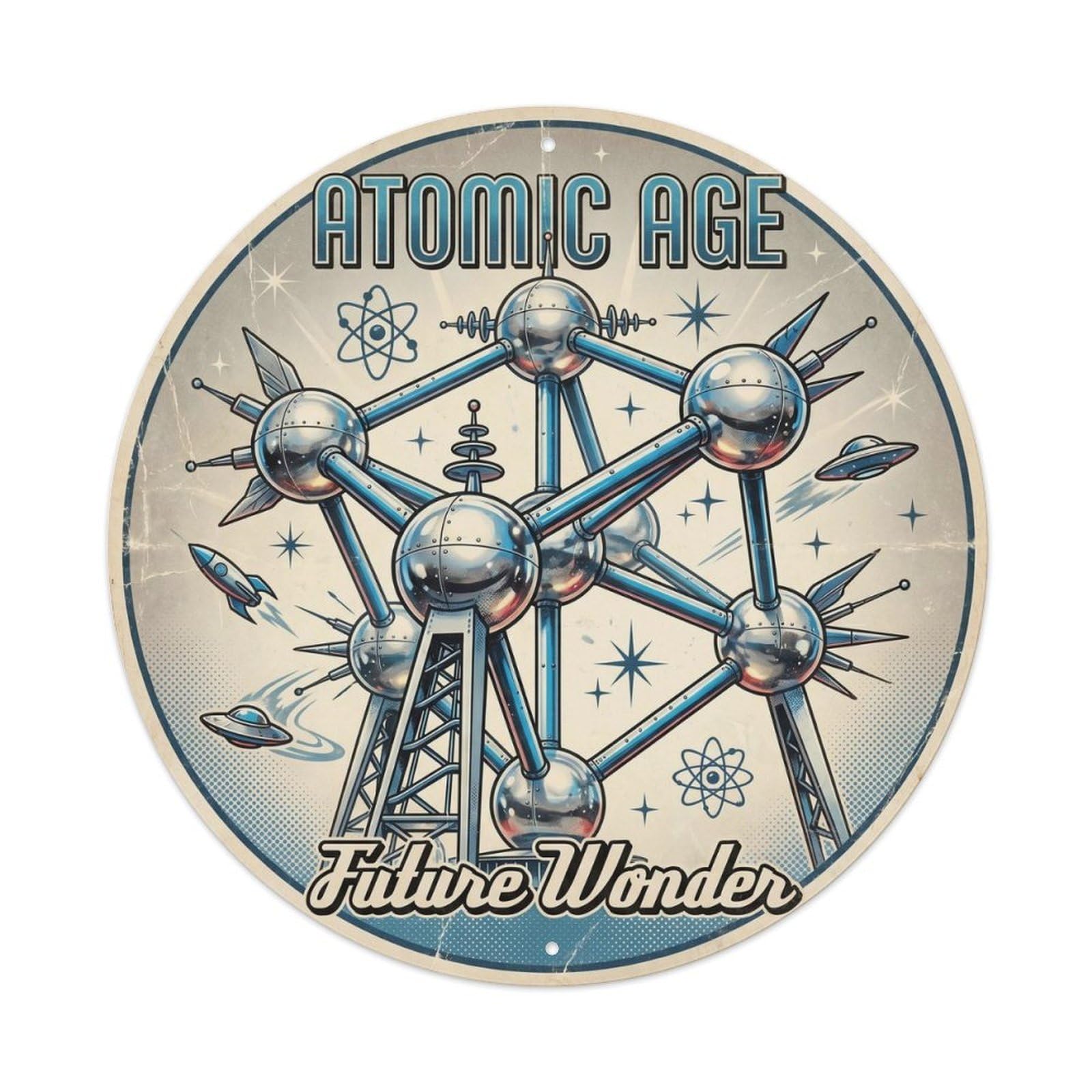 Brussels Modern Belgium Atomic Age Retro City Landmark Metal Tin Sign Plaque Wall Decor for Cafe, Man Cave, Club Bar, Office, Home Garden Round Metal Poster 8x8Inch