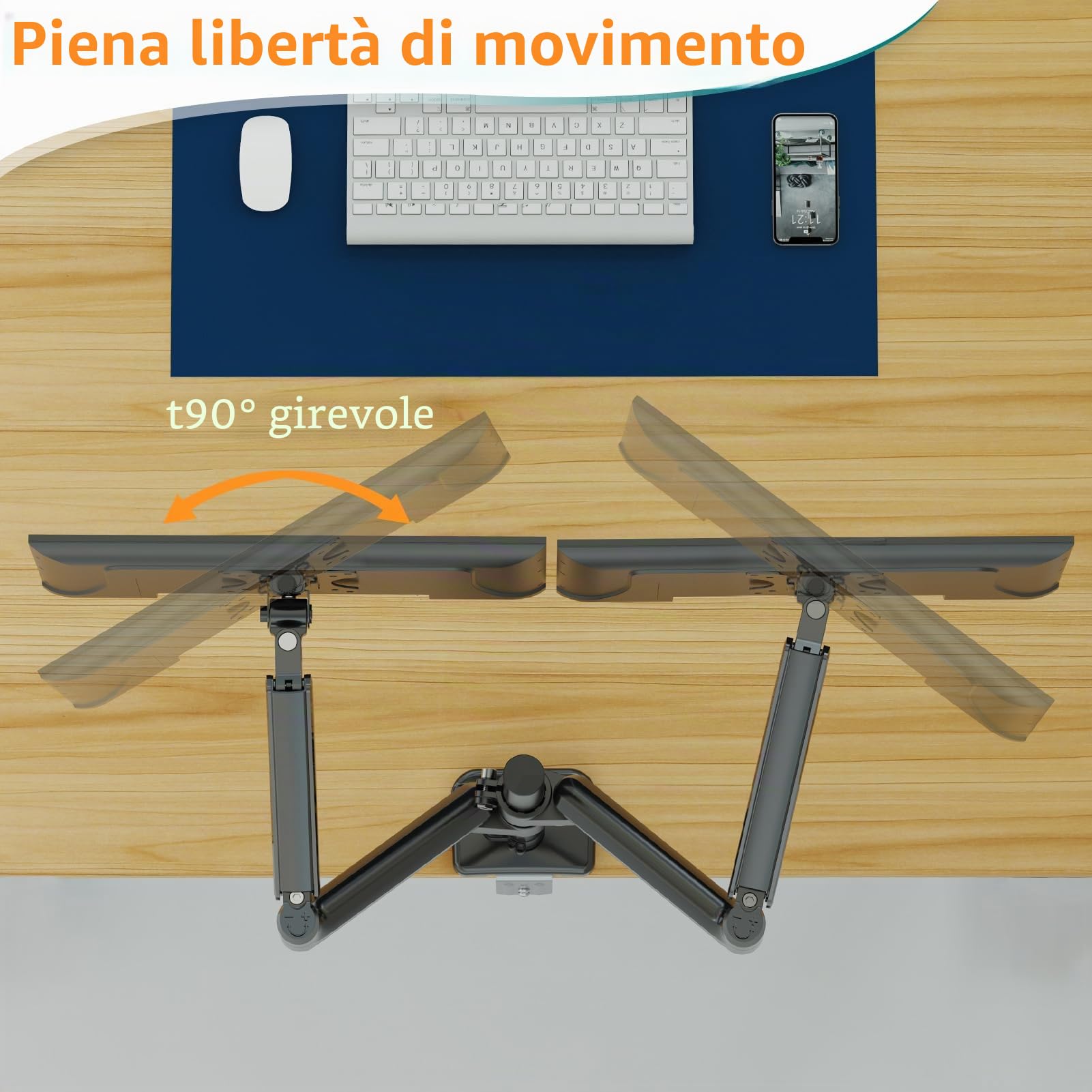 ELIVED Supporto per monitor 2 monitor per schermi da 13 a 32 pollici con VESA 75/100, molla a gas 2 supporti per monitor, girevole a 360°, 9 kg, altezza regolabile braccio monitor EV6032