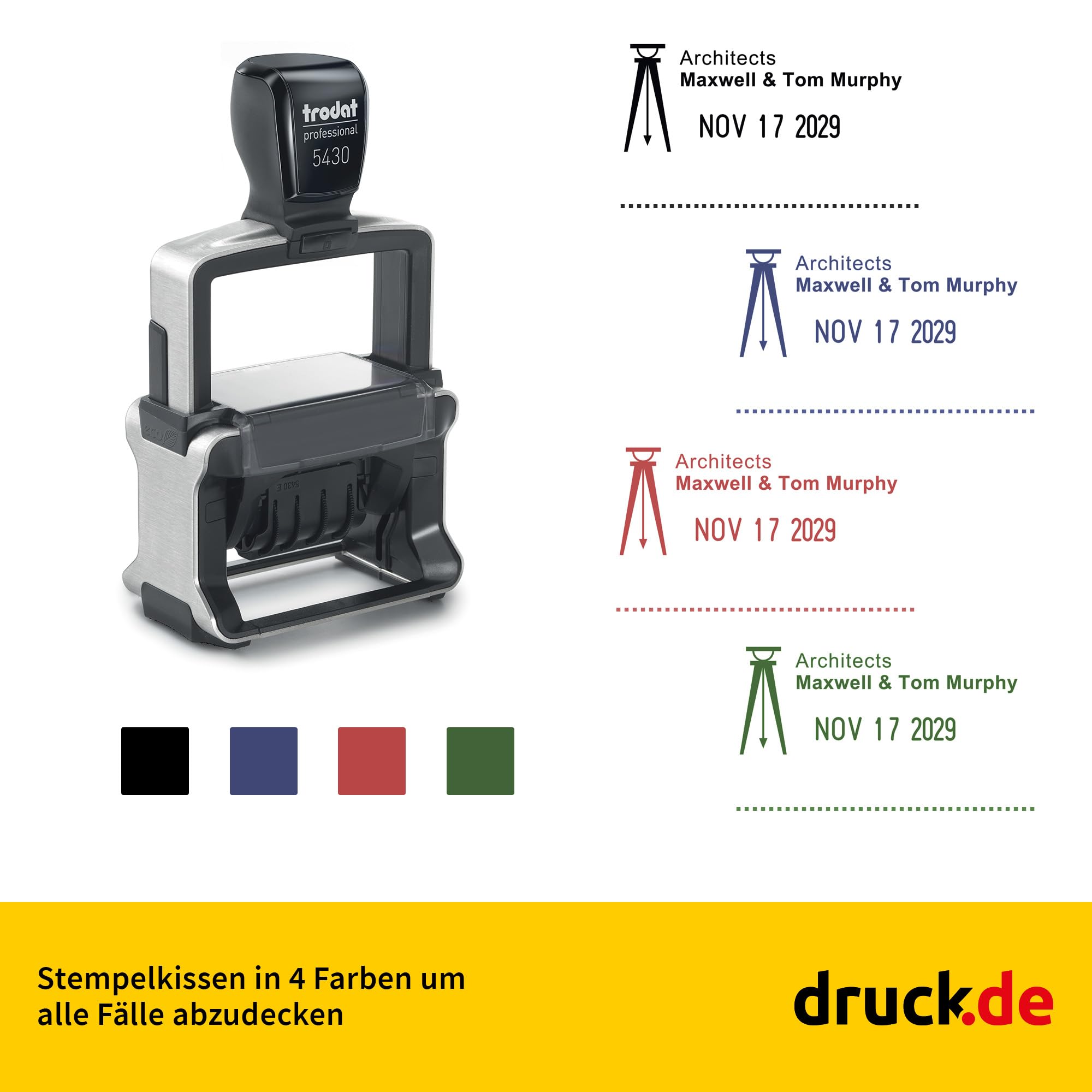 Trodat Professional 5430 Stempel 41x24mm - 4 Zeilen - personalisierbar | Trodat Professional 5430 Datumstempel, 41x24mm, personalisierbar mit Text und Logo, Datum verstellbar