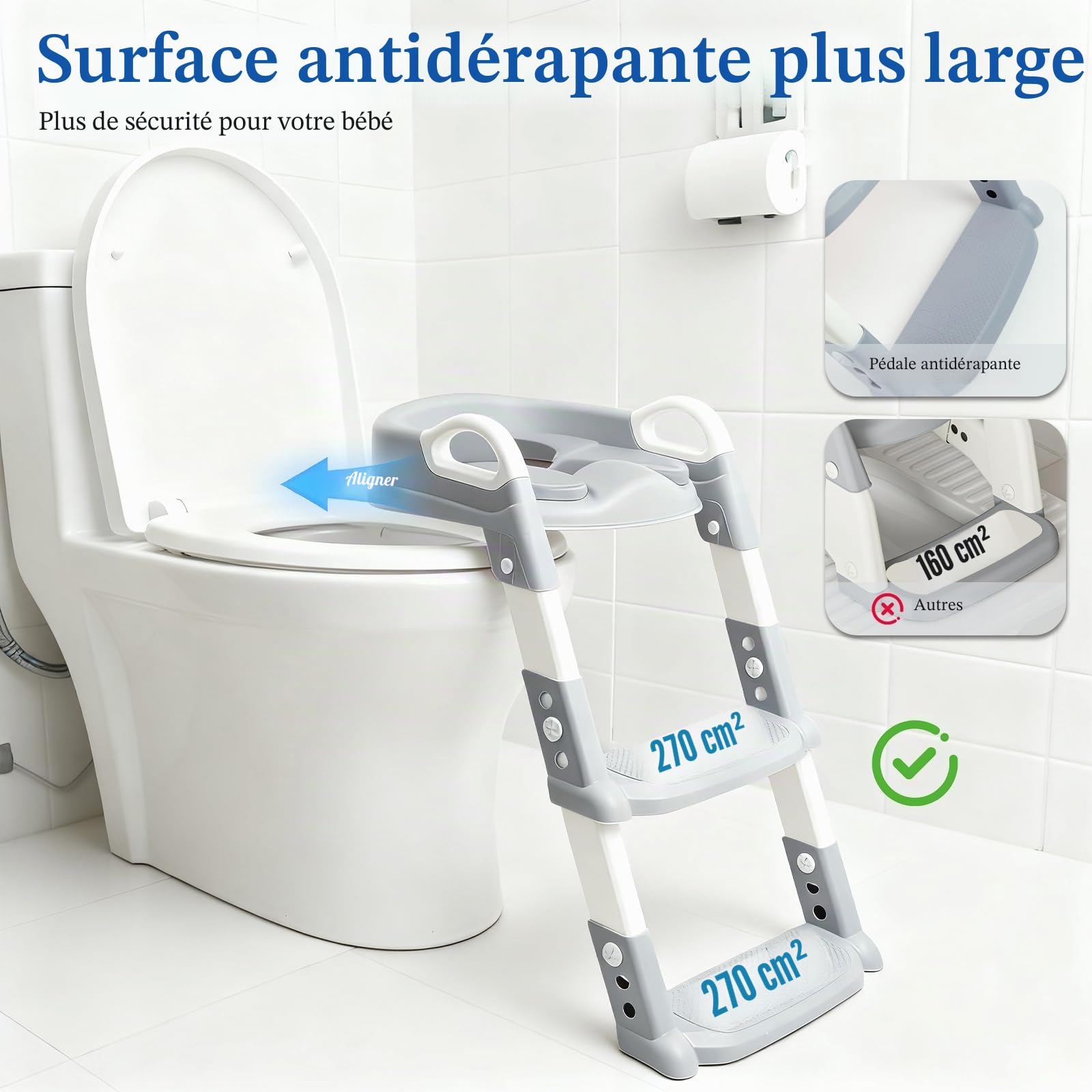 Reducteur Toilette Enfant avec Marche, Rehausseur Toilette Enfant, Adaptateur Toilette Enfant, Réglable en Hauteur Pliable,éclaboussures,Adapté en Forme de V,U,O, Blanche