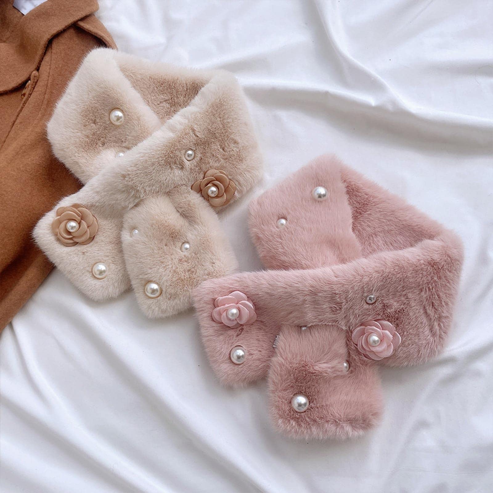 MOGSA Bufandas para mujer, diseño de flores, piel de conejo sintética, bufanda cruzada para mujer, invierno, al aire libre, protección de cuello grueso, chal cálido