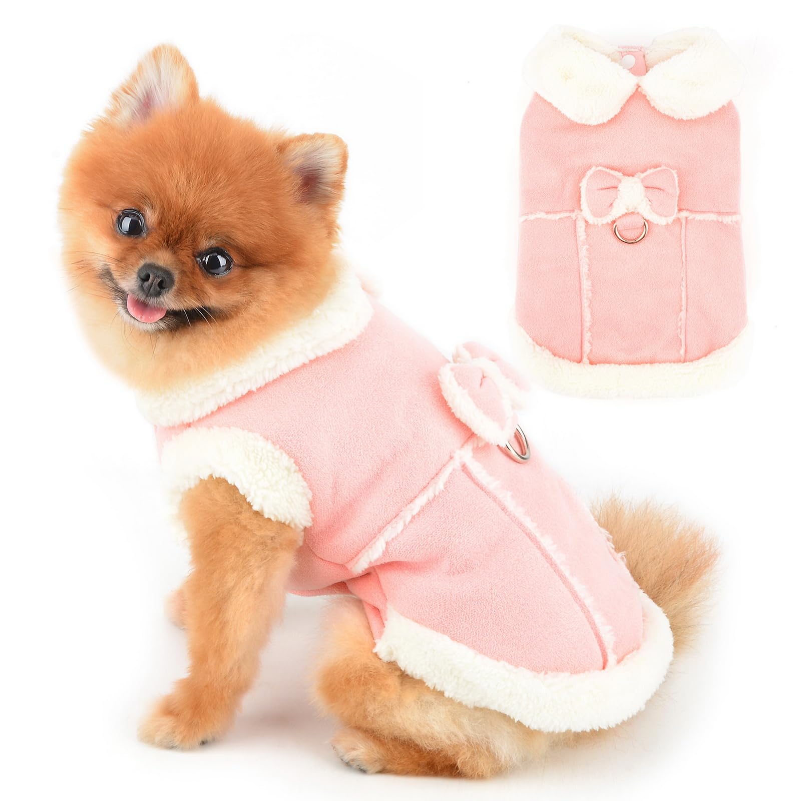 PAIDEFUL Sherpa Small Dog Coat Soft Windproof Doggie Jacket with Cute Bow Warm Fall Winter Puppy Vest Fleece Lined Chihuahua Clothes Cat Apparel D-Ring,Pink,M