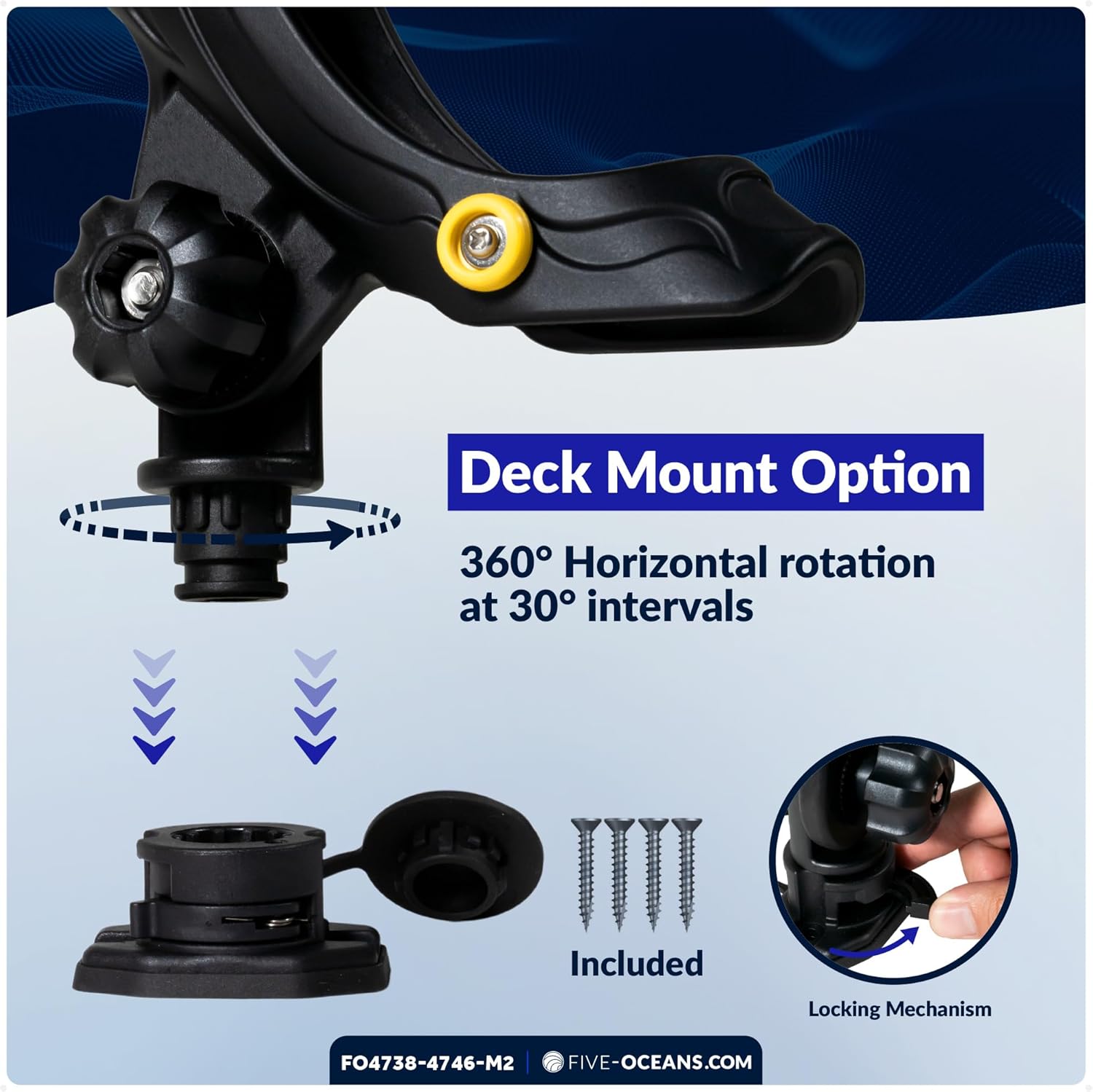 Five Oceans 2-Pack Fishing Rod Holder Set, Black, High-Impact Nylon, Hook Keeper & Locking Collar, with 2 Rail & 2 Deck Mount Bases for Versatile Mounting