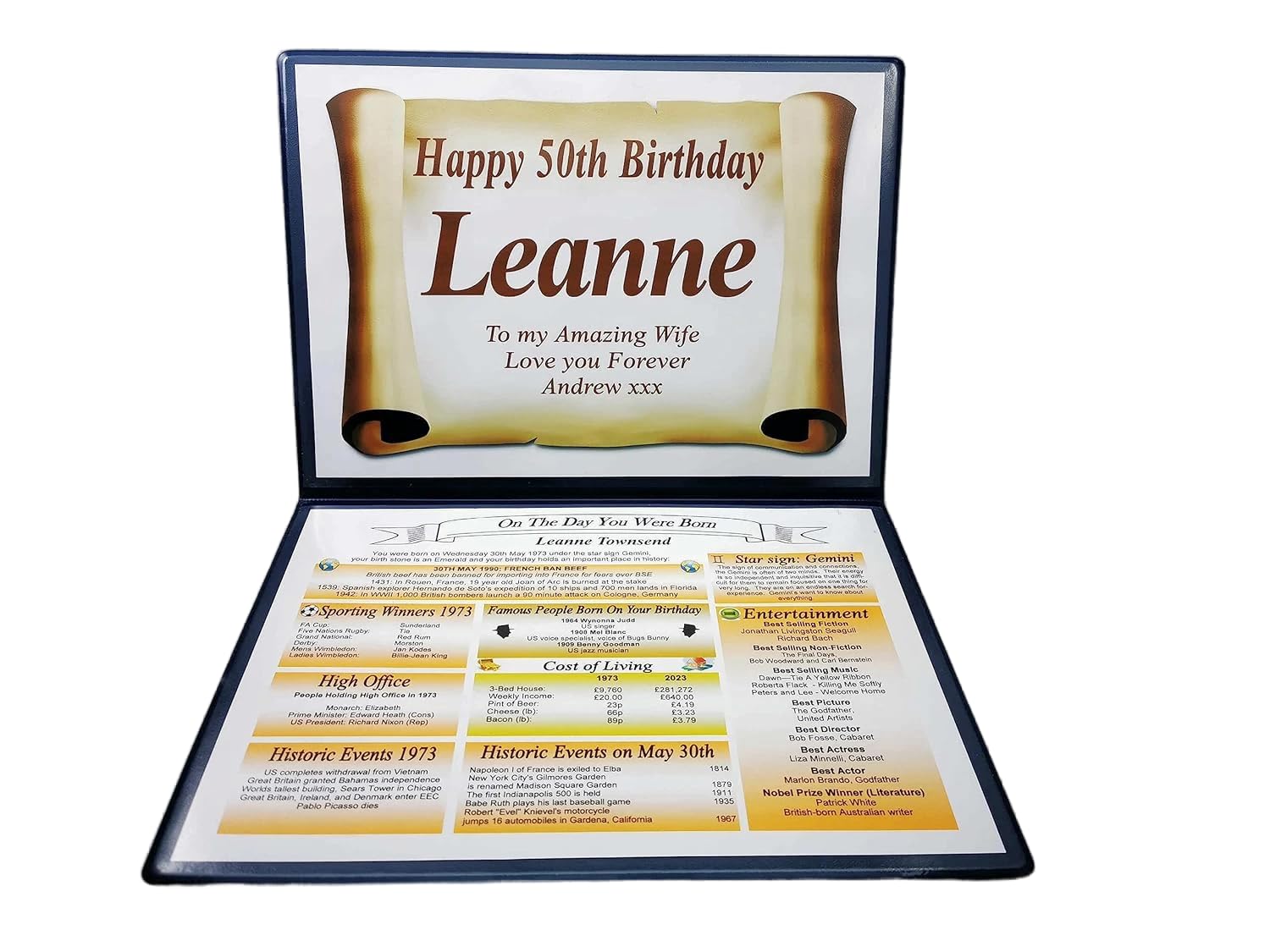 AGS-Designs PERSONALISED BIRTHDAY GIFT - THE DAY YOU WERE BORN - KEEPSAKE FOLDER - ANY YEAY AVAILABLE (50th Folder)