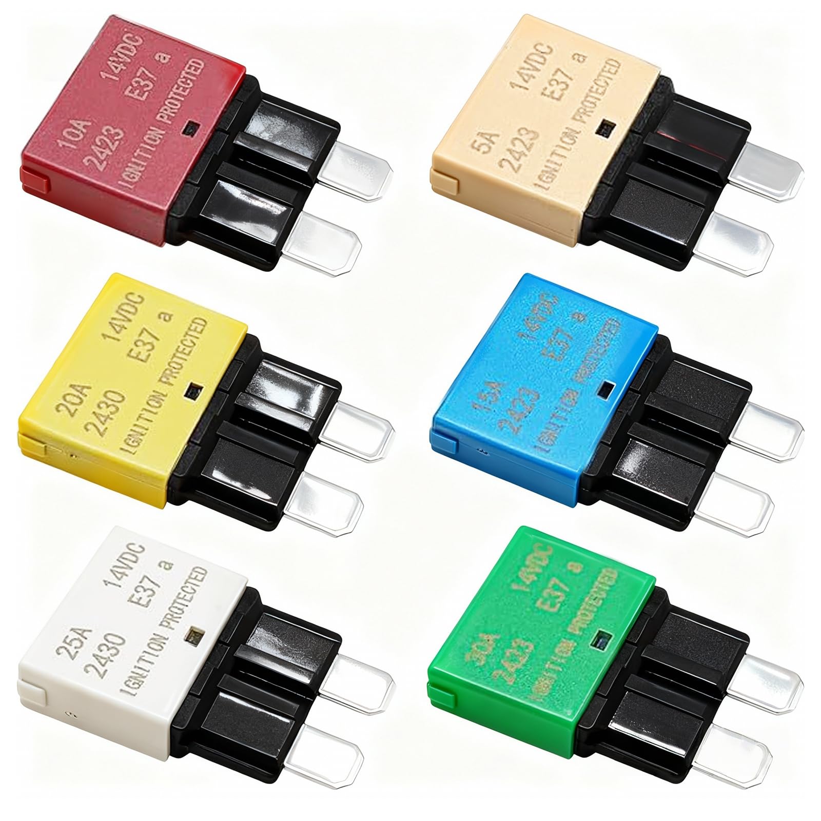 Lot de 6 fusibles de réinitialisation automatique DC 12 V 5 A 10 A 15 A 20 A 25 A 30 A E37 Disjoncteur faible profil pour voiture Fusibles plats avec réinitialisation automatique
