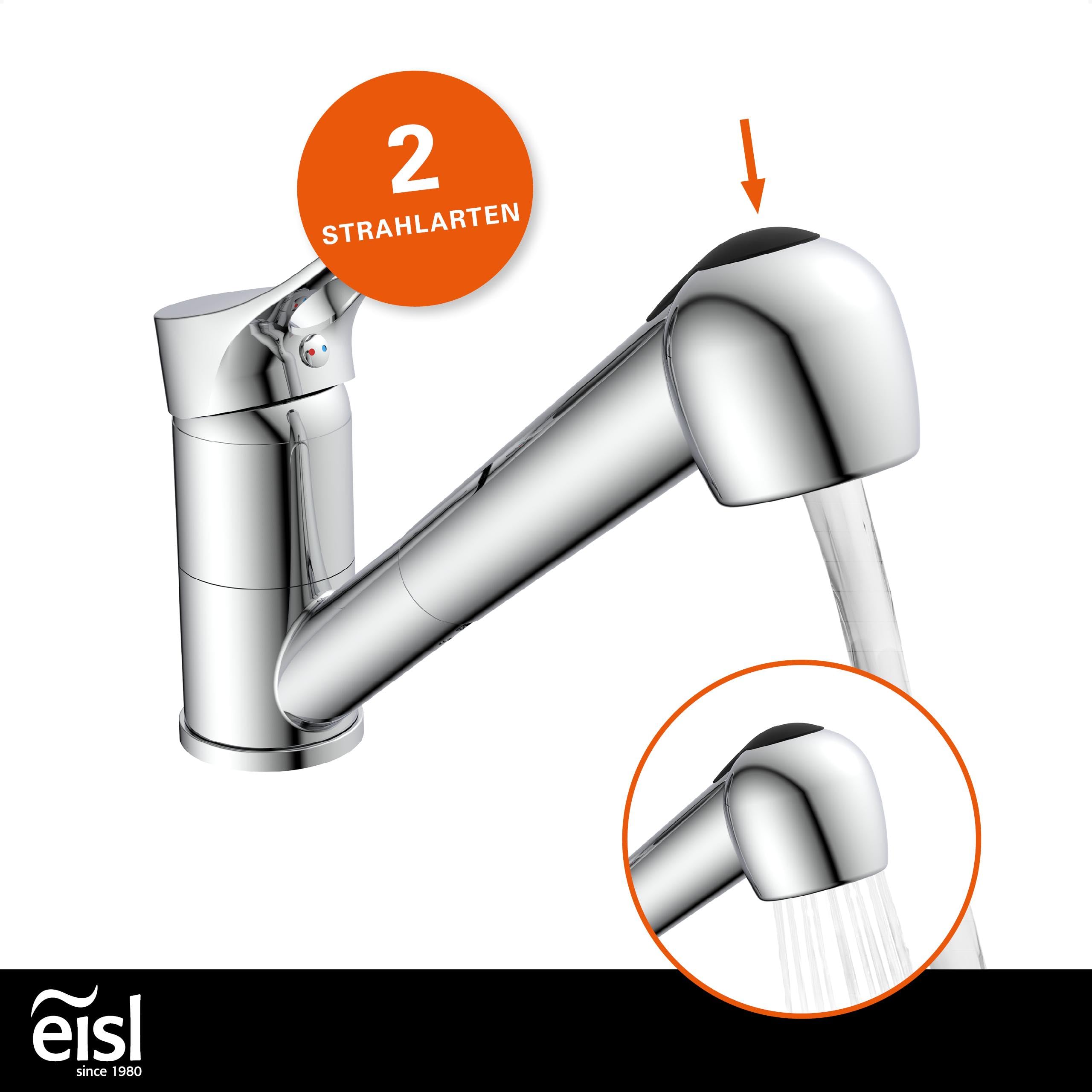 EISL NI183VECR VERONA Wasserhahn Küche ausziehbar, Spültischarmatur mit Geschirrbrause, Küchenarmatur mit 2 Strahlarten, 90° schwenkbarer Mischbatterie, Chrom