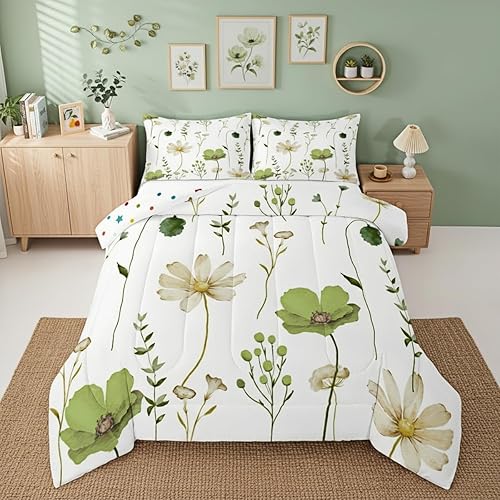 Erosebridal Watercolor Flower Comforter Set Twin, Olive Green Beige Floral
