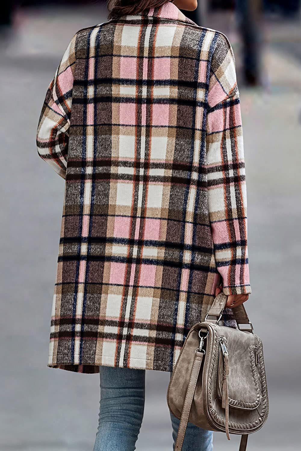 Gabardina De Lana Midi De Invierno Con Contraste A Cuadros A Rayas Para Mujer,Chaqueta Con Botones De Solapa Clásica Rosa Retro Abrigo Cortavientos De Manga Larga Cálido Informal Con Bolsillo