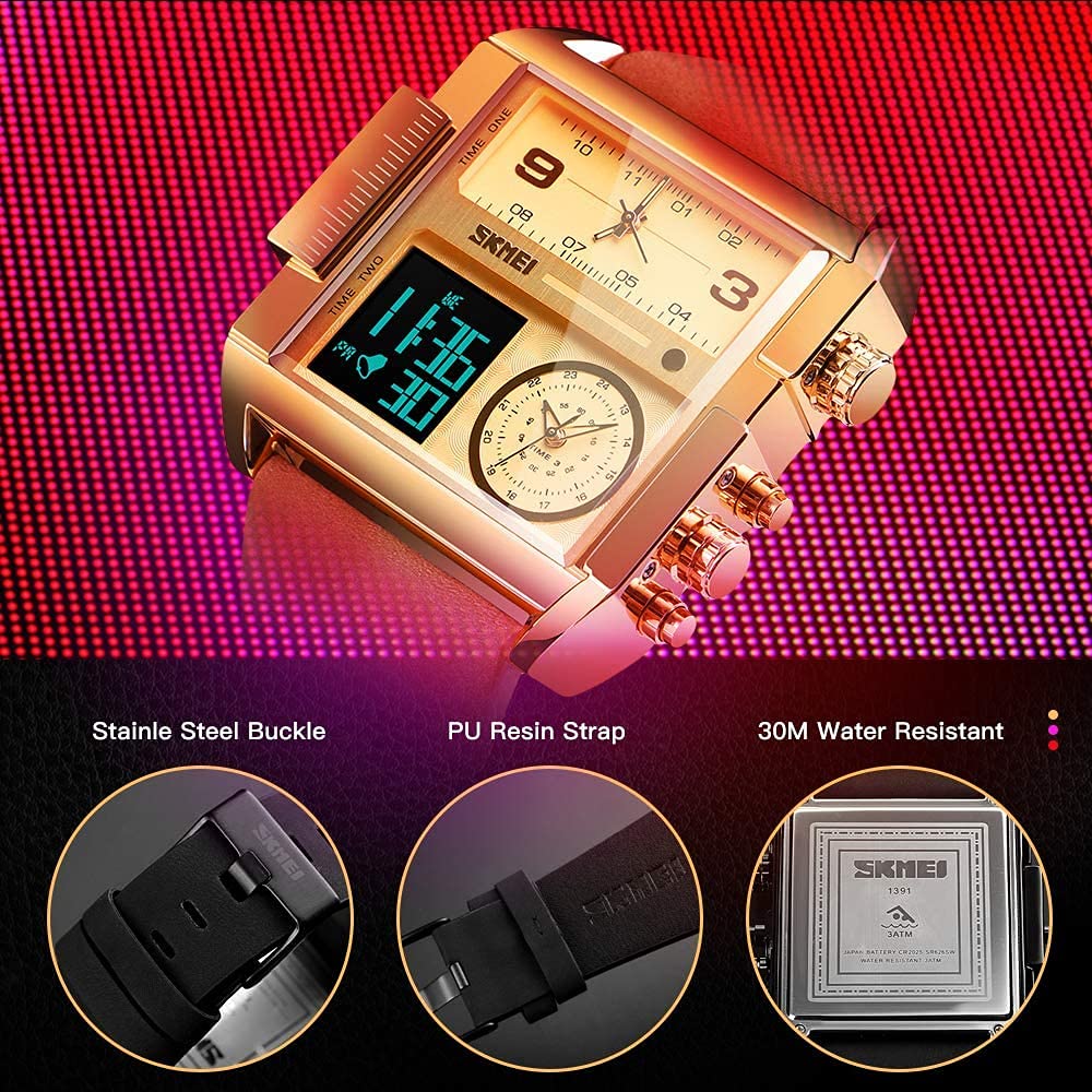 SKMEI Reloj Deportivo Digital para Hombre, retroiluminación Cuadrada, Pantalla Grande, Zona horaria múltiple, Reloj analógico Digital Resistente al Agua para Hombre (Tamaño Grande 51 mm)