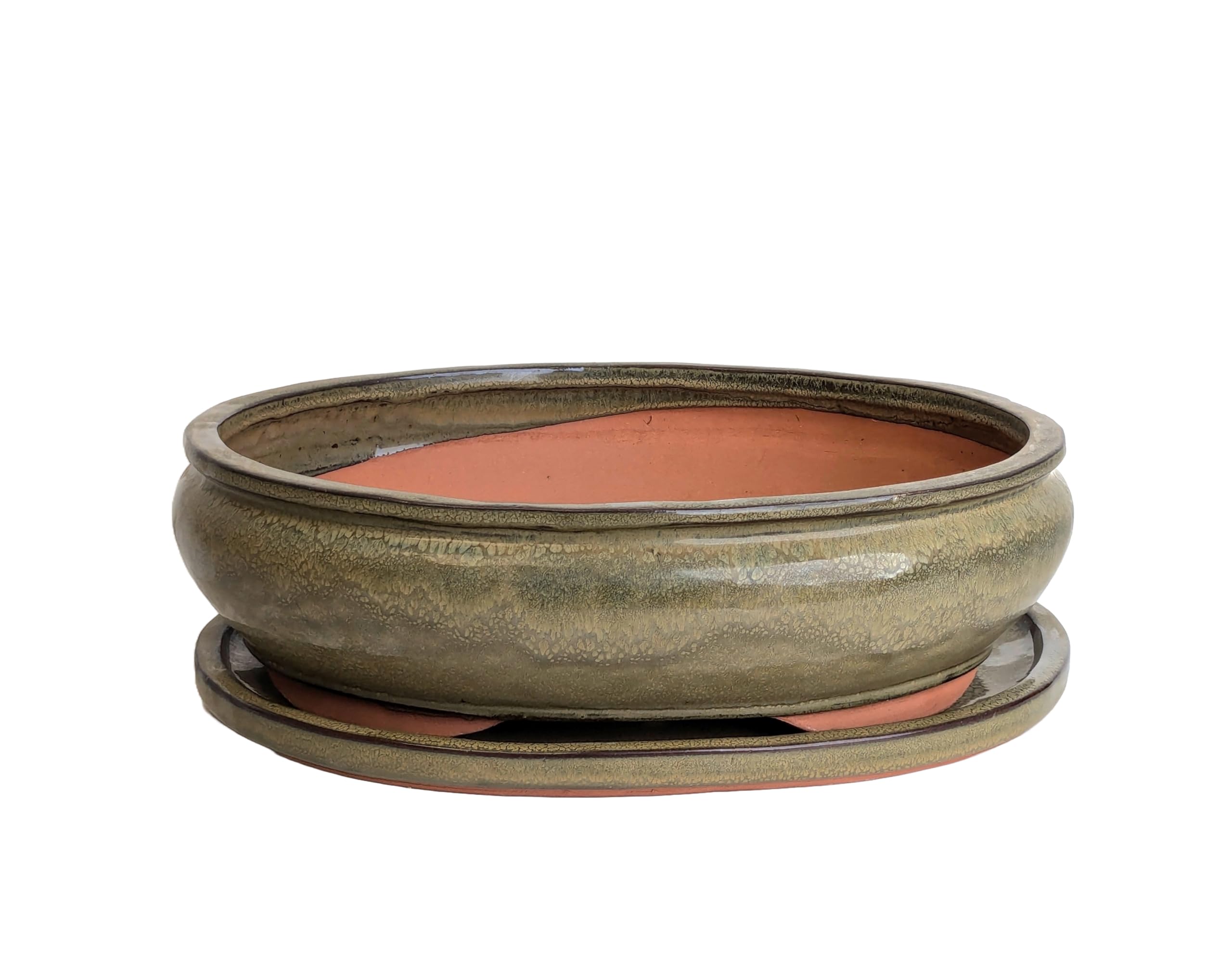 Glazed Ceramic Bonsai Pots with Matching Drip Trays (Olive Green, 38cm)