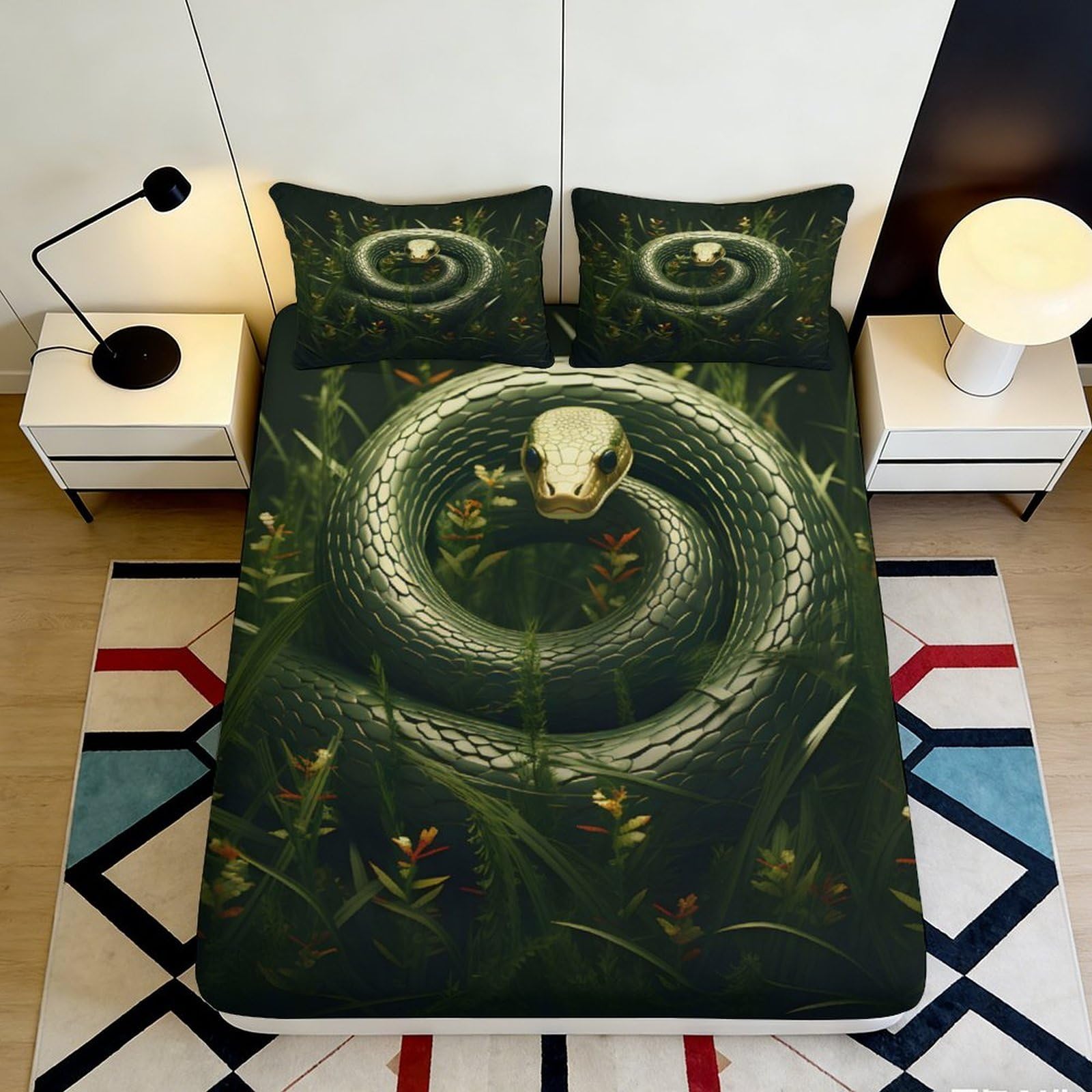 3D Printed Serpent Fitted Sheet Microfiber Durable Soft 3D Snake Mattress Cover for Bedroom Dormitory Guest Room Mattress Protection Decor 160x200x25cm