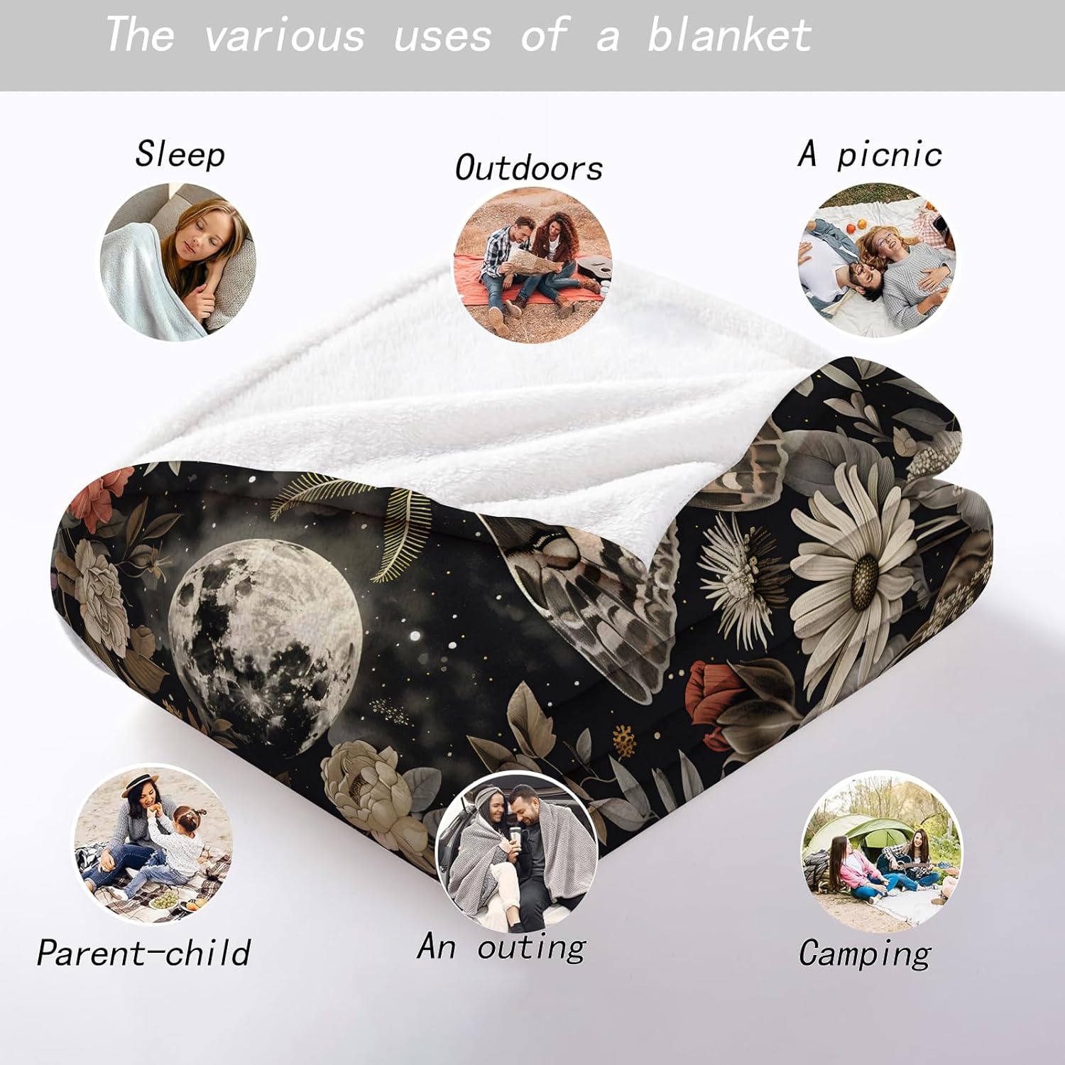 Moon Moth Throw Blanket - 60x80in,Ultra Soft, Cozy Lightweight Flannel,Mystical Night Garden Botanical and Celestial Blankets - Gifts for Women,for Couch Office Travel,Home Living Room Decor