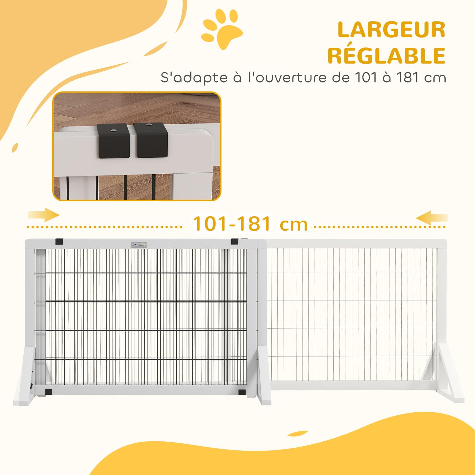 PawHut - Barrera de Seguridad para Perros (2 Paneles, Ancho Ajustable, 101-181 x 44 x 67 cm, Barrera para escaleras, Puertas, pasillos, Madera de Pino y Acero, Color Blanco | Barrera de protección, anchura ajustable, para escalera puerta pasillos, madera