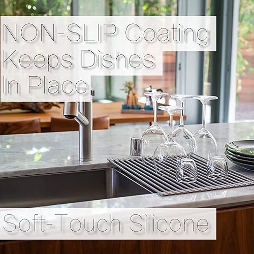Miniatura 3 de Escurridor de platos enrollable para colocar sobre el fregadero de 20.5 pulgadas, hecho de acero envuelto en silicona, multiusos, no ocupa espacio,