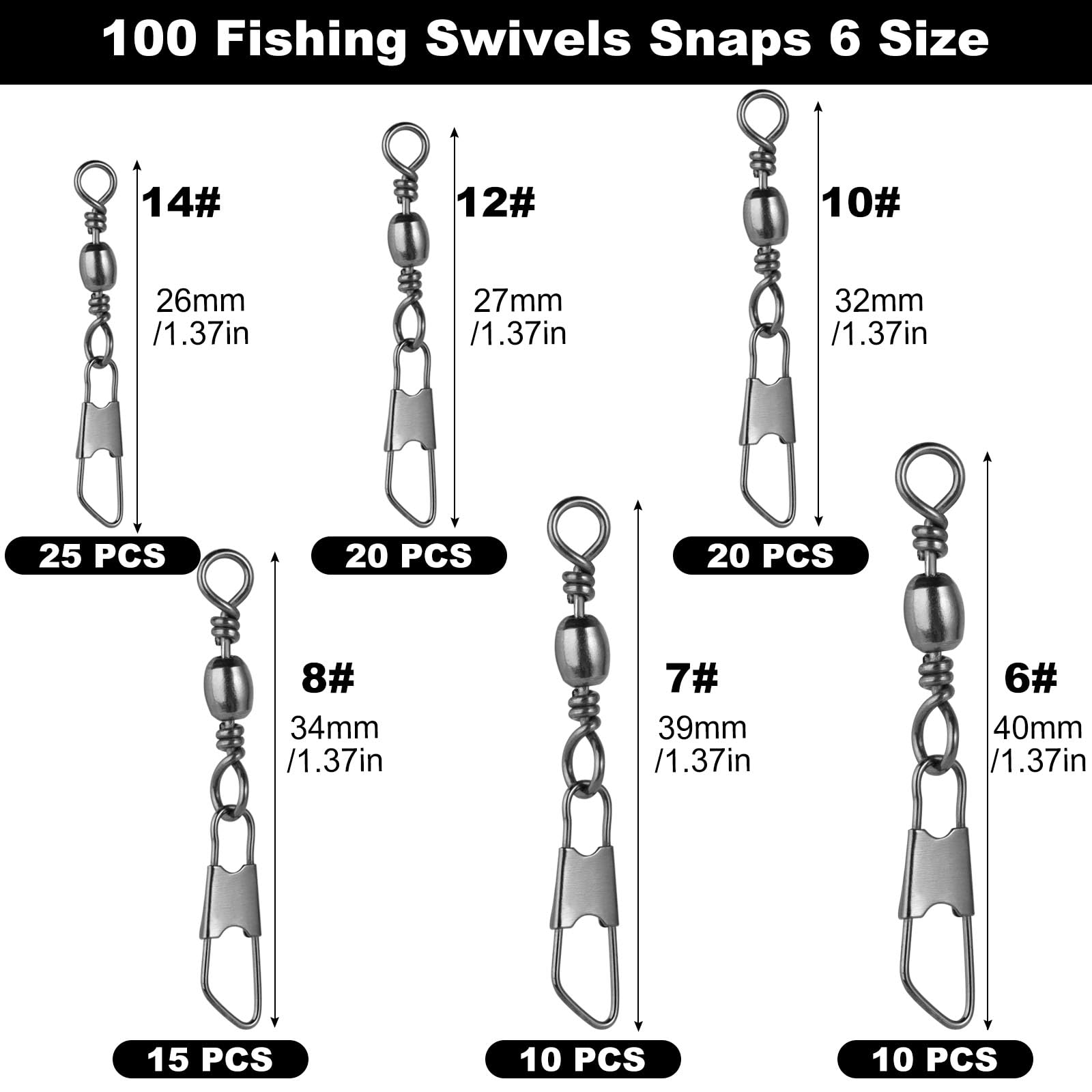 VEPEPE 100 Pcs Fishing Swivels and Clips Stainless Steel Safety Swivels Fishing Tackle Quick Change Snap Swivel 6 Sizes 6#7#8#10#12#14#for Saltwater Freshwater Fishings - Image 2
