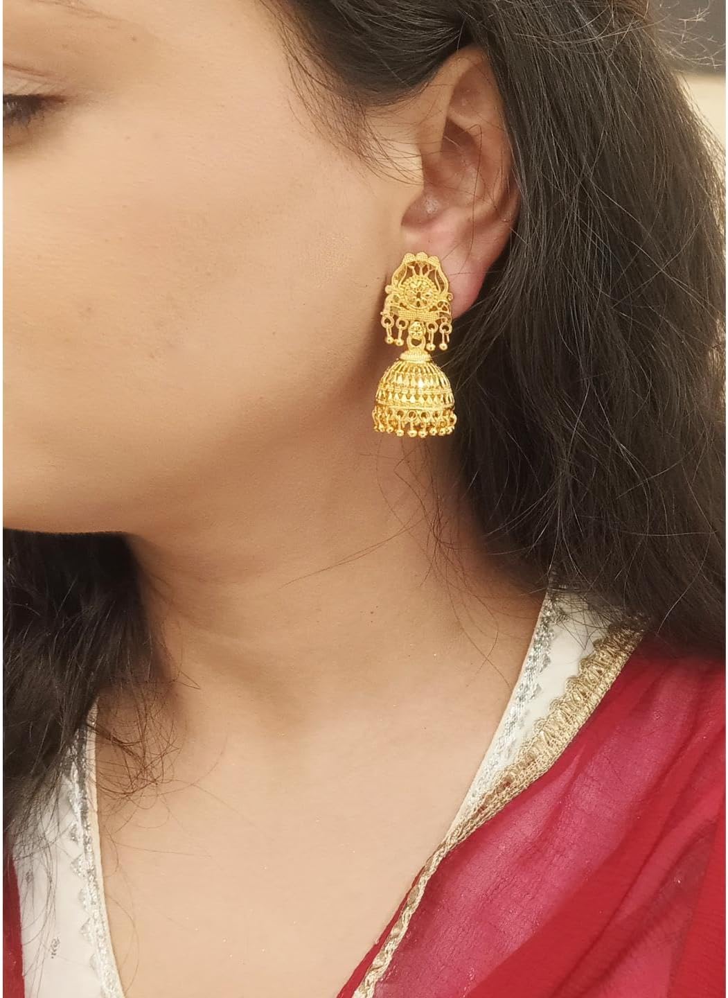 Efulgenz Gold Tone Indian Jewelry for Women Dubai Style Dangle Earrings Jhumka Jhumki Earring Set Indian Bridal Wedding Bollywood Fashion Jewelry - Image 3