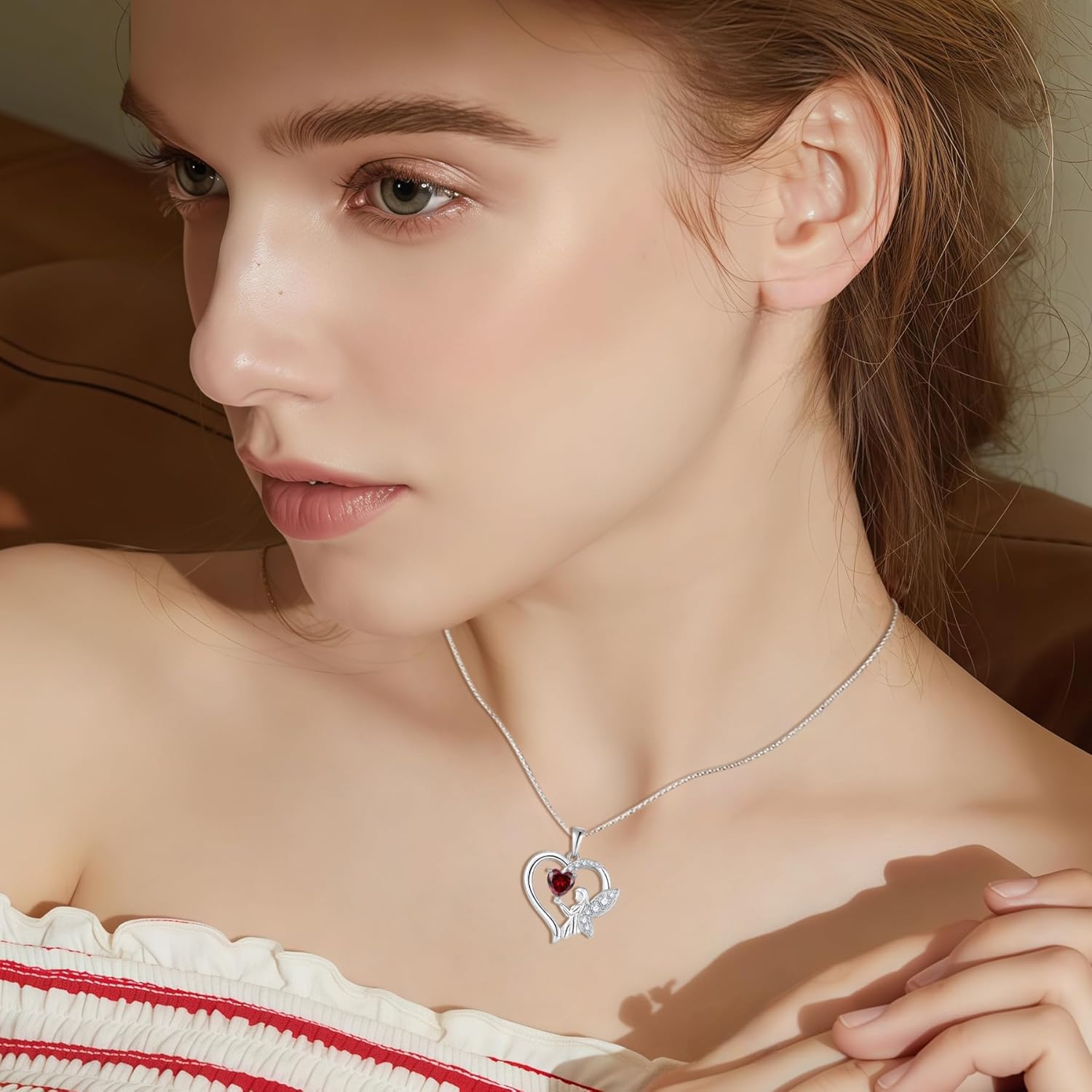 Guardian Angel Necklace 925 Sterling Silver Heart Angel Wings Pendant Birthstone Jewelry for Women - Image 2