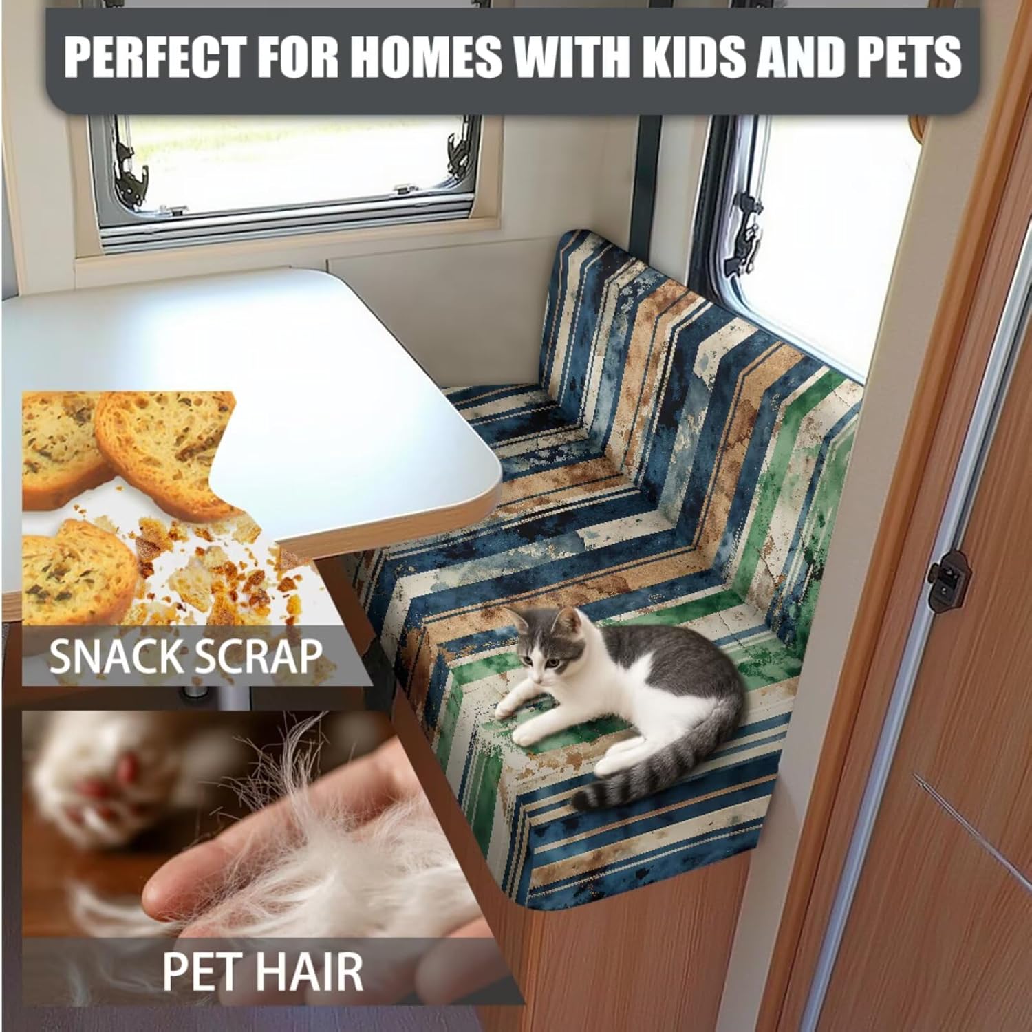 Stripes RV Dinette Cushion Covers Booth Set Elastic Camper Cushion Covers Replacement Sofa Slipcovers Washable (2 Backrest Cover & 2 Bench Cover)