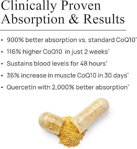 Miniatura 4 de Durable CoQ10 - Fitosoma de coenzima Q10 de 300 mg con 9 veces mejor absorción + quercetina - Soporte cardíaco, energía y celular - Formulado por