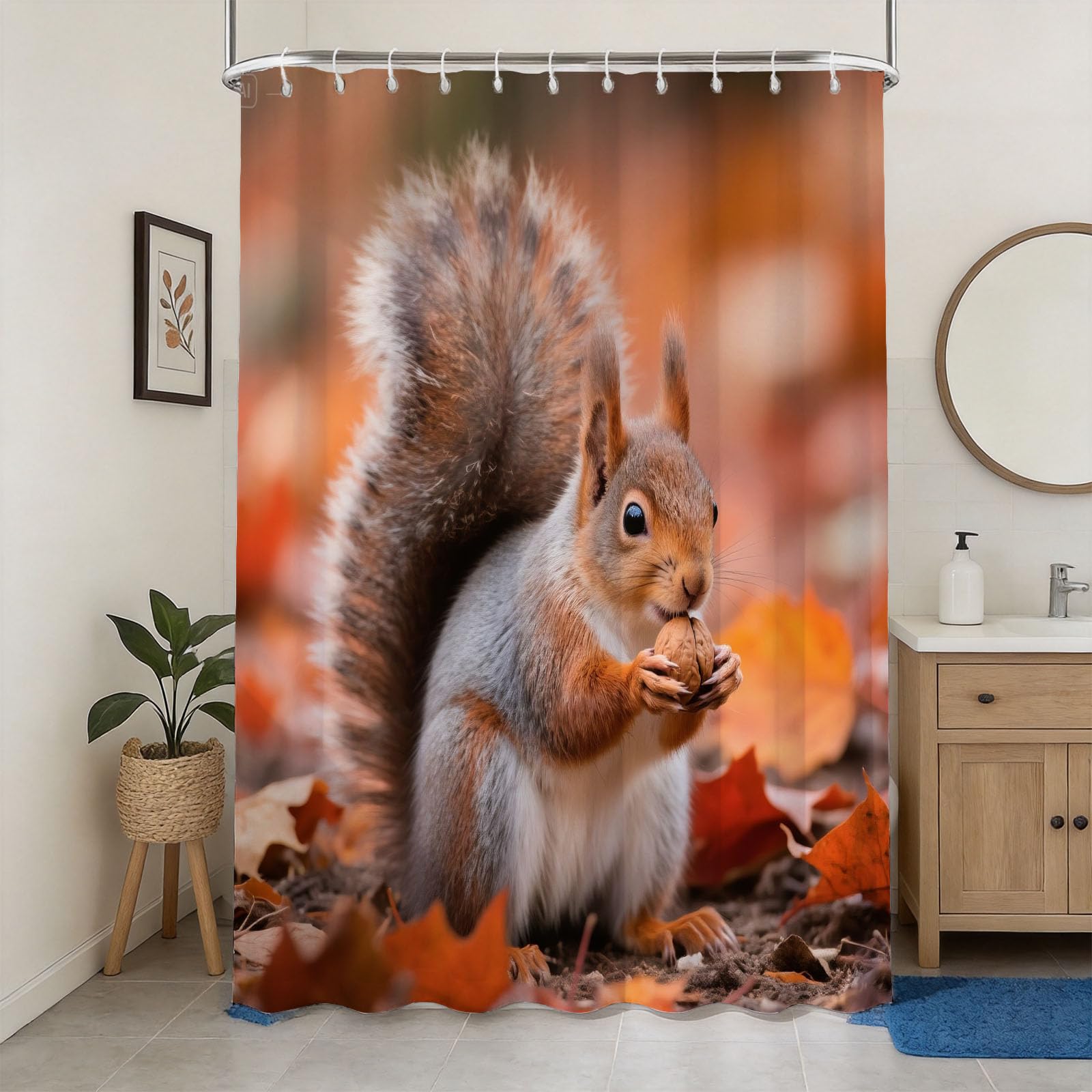 Hongduo 3D Squirrel Shower Curtain for Stalls Bathtubs Autumn Forest Bathroom Decor Shower Curtain Set Polyester Fabric Waterproof 180x200cm/71X79 Inch with Hooks