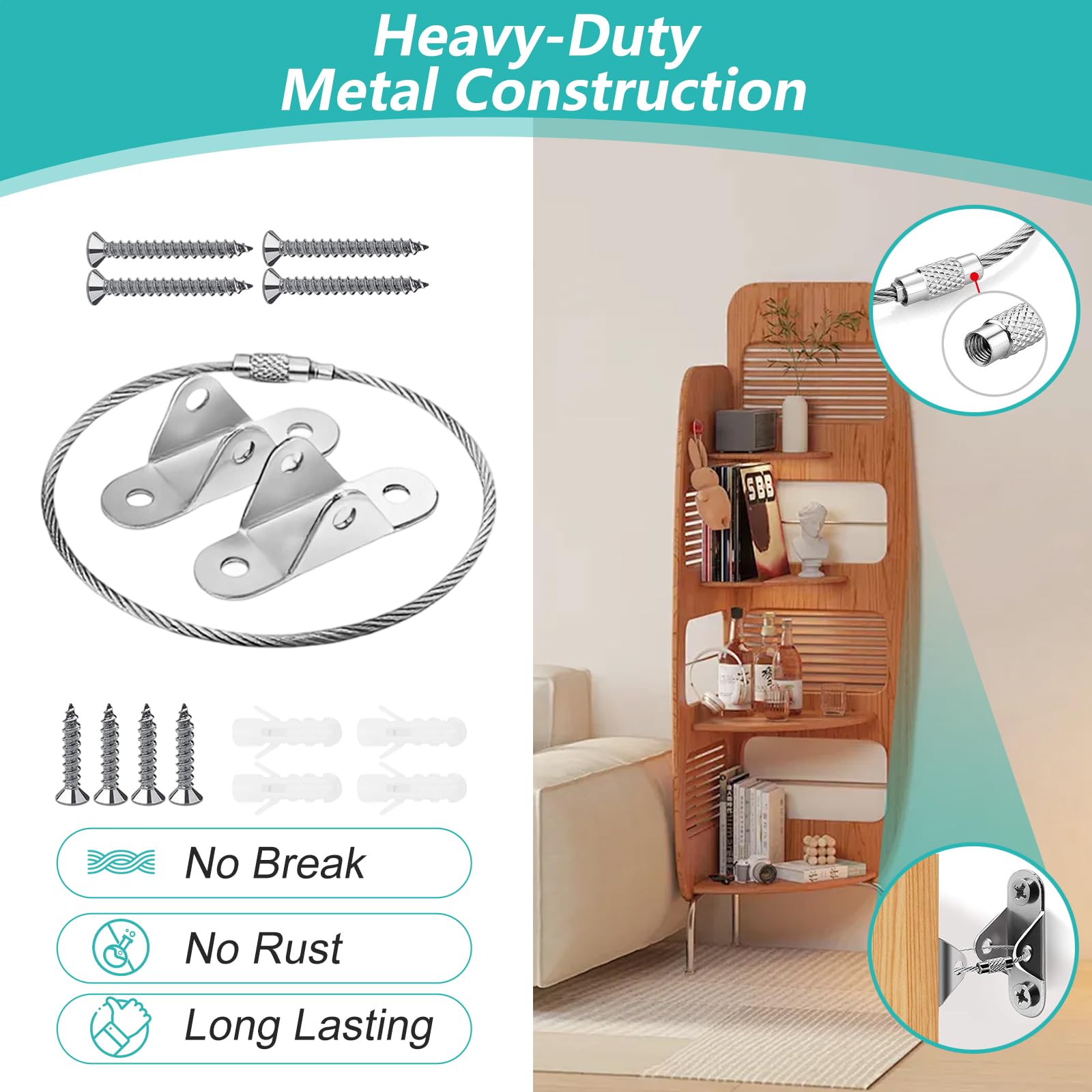 4 Pack Furniture Wall Anchor Kit, Heavy Duty Anti-Tip Furniture Straps & Anchors for Baby Proofing Secure Bookshelf, Dresser - Image 3