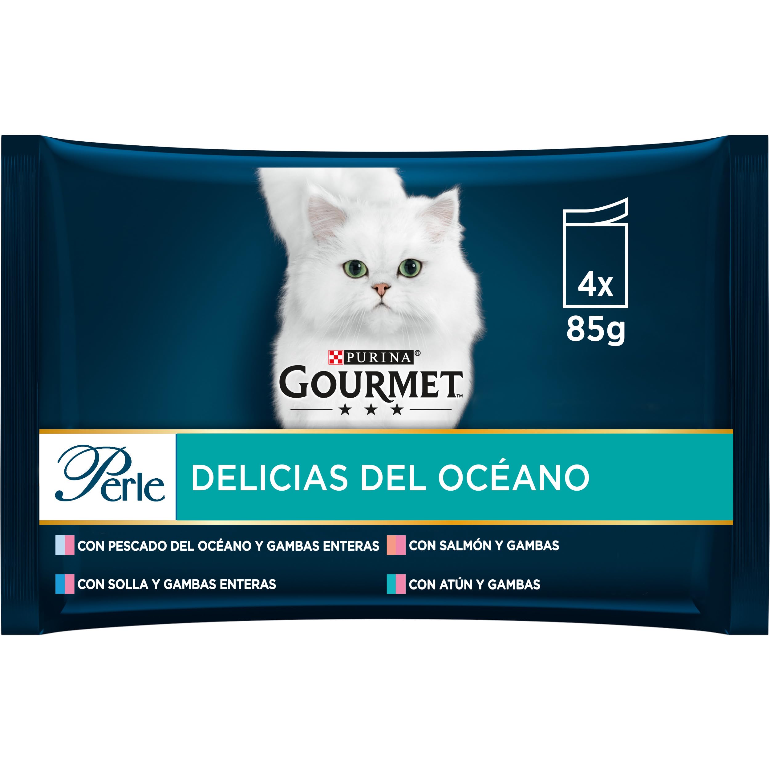 Gourmet Purina Perle Delicias del Océano, Comida Húmeda para Gato Surtido de Pescados, 12 paquetes 4 sobres 85g - 48