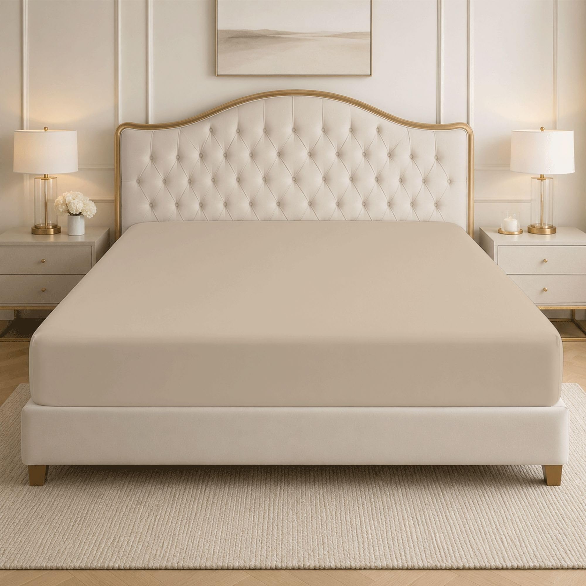 Bloombedding Beige 100% Egyptian Cotton Fitted Bed Sheets, 400 Thread Count Double Bed Sheet, 35Cm Deep Pocket Fitted Bedding, Breathable Cotton Mattress Cover