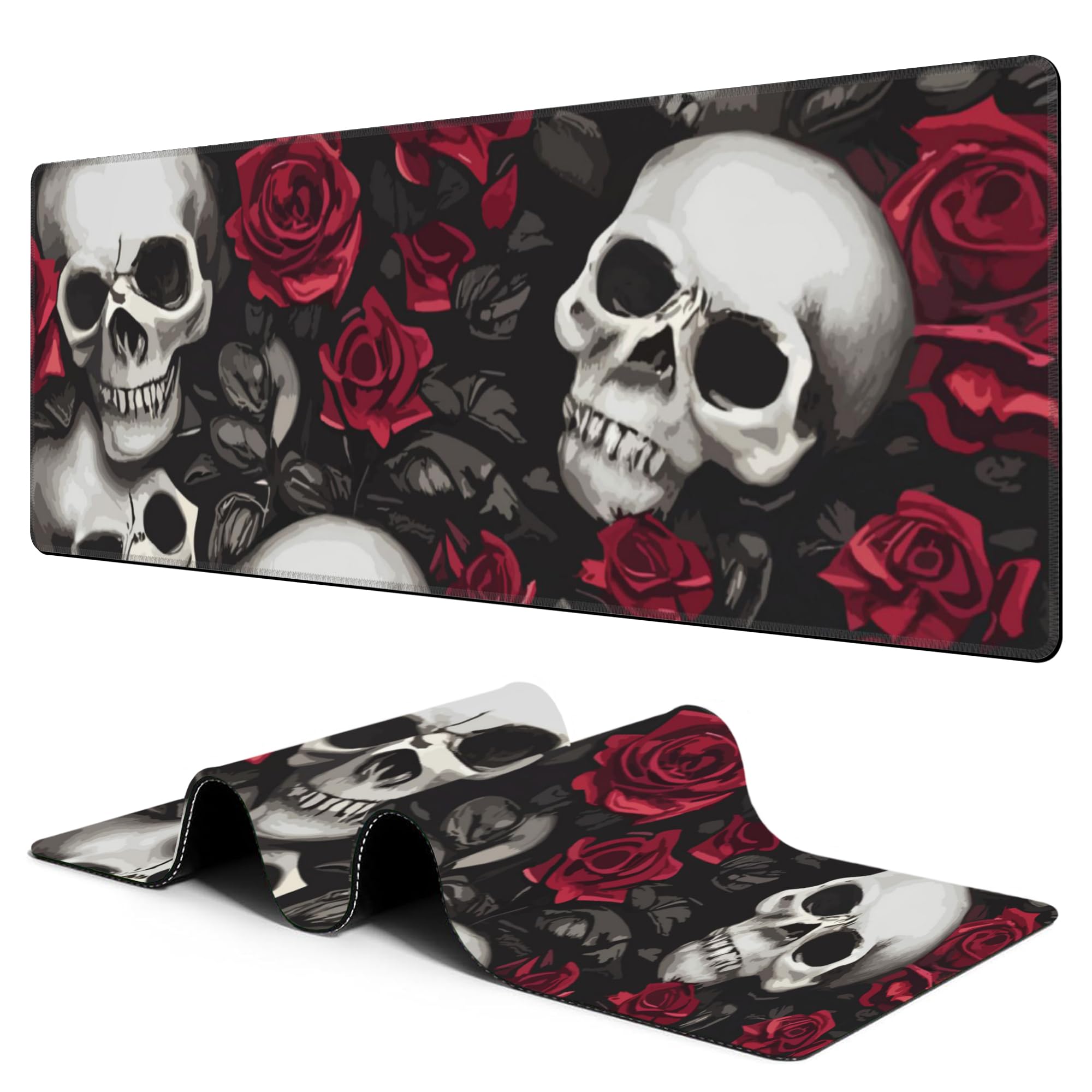 Large Gaming Mouse Pad for Desk Skulls and Roses Big Desk Mat Extended Mousepad with Stitched Edge and Non-Slip Base Long Computer Keyboard Mouse Mat