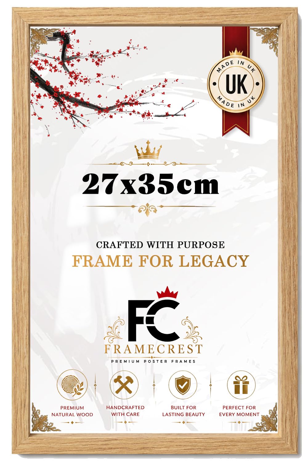 FRAMECREST Classic & Durable 27x35cm Poster Frame | Handcrafted for Gallery Family Photo Portrait and Landscape Display Anniversary/Birthday/Wedding/Gifting-[Oak]