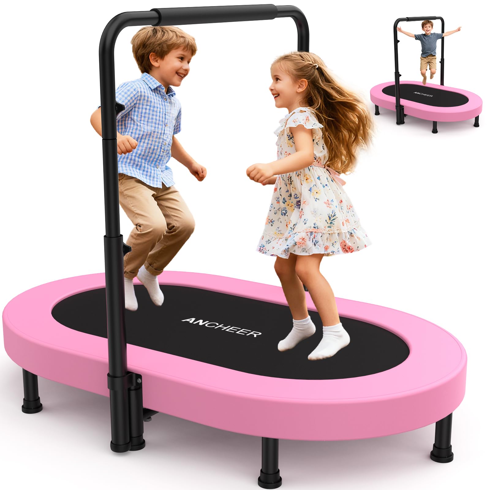 ANCHEER Trampoline, Mini Trampoline with Adjustable Handle -Indoor/Outdoor Rebounder for Kids & Toddlers, 56'' Safe Oval Fitness Trampoline with Bar