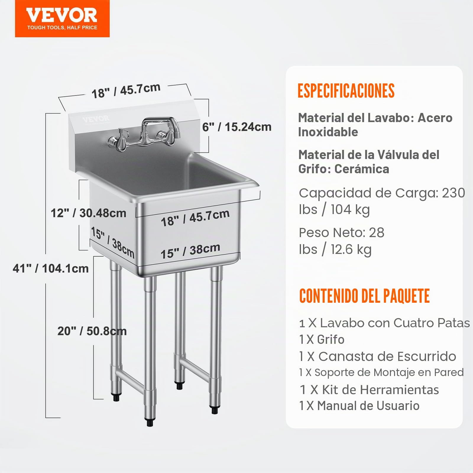 VEVOR Fregadero de Acero Inoxidable, Fregadero de Pedestal Pequeño de 1 Seno, 38x38 cm con Grifo y Patas, Fregadero Comercial para Garaje, Restaurante, Cocina, Lavadero