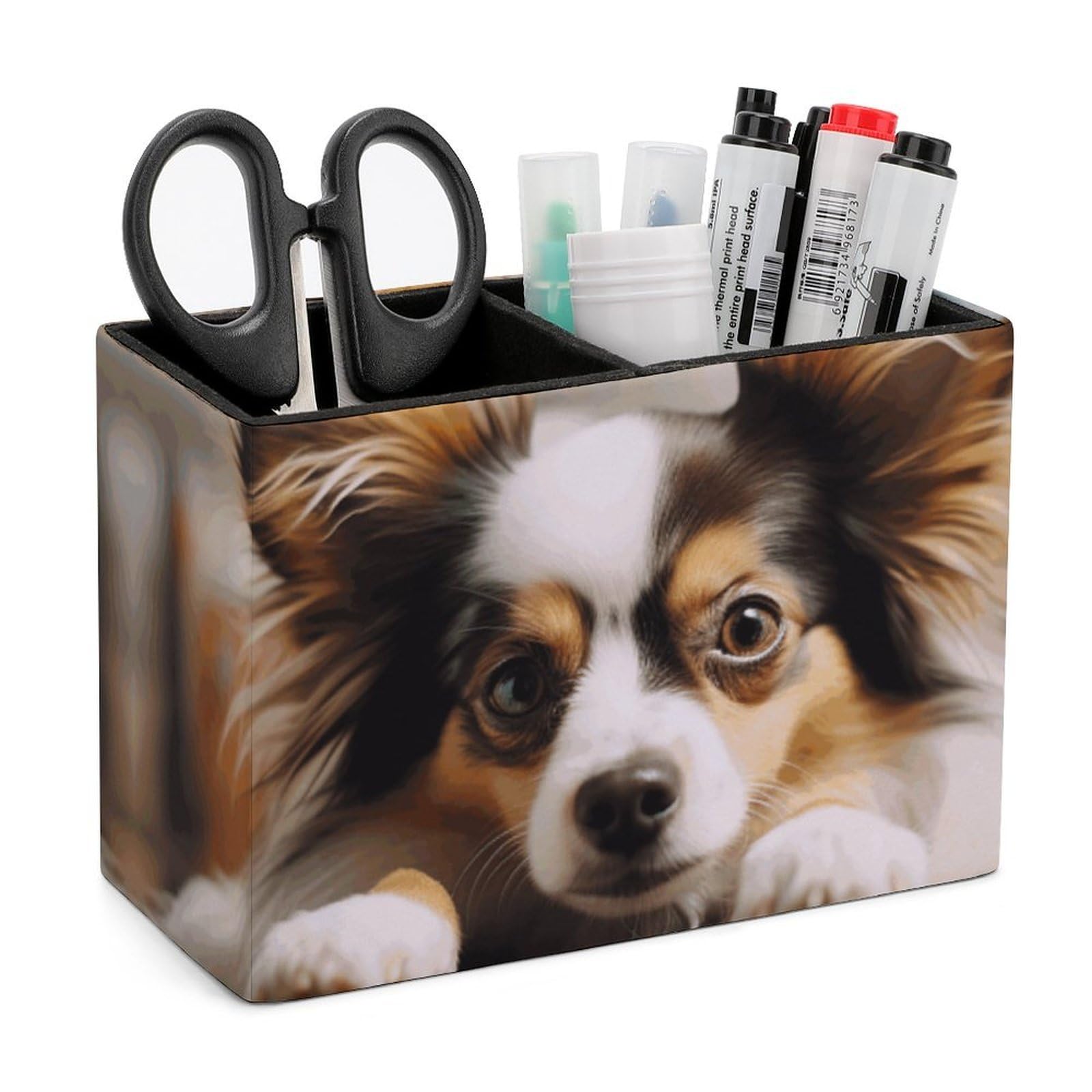 LZQPOEAS Exquisite Patterns PU Leather Pen Holder, Multifunctional Desktop Organizer Caddy with 2 Compartments, Papillon Lying on Tummy Pencil Cup Makeup Brush Holder for Office Home