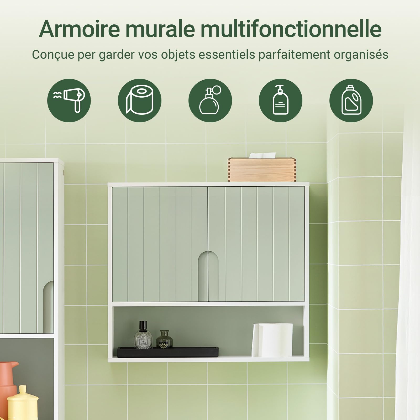 SoBuy Meuble Salle de Bain Suspendu Vert Sauge, Armoire Murale avec Étagère, Rangement Suspendu Gain de Place, Armoire Pharmacie, Meuble Dessus WC 60 × 54 × 15 cm BZR140-GR
