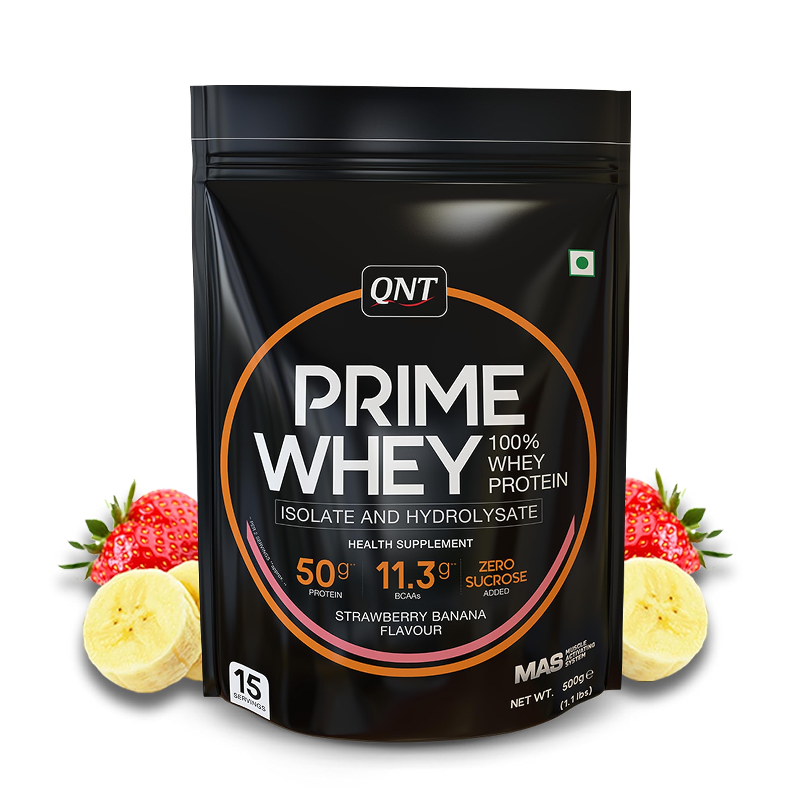 QNT Prime Whey Protein Powder | Strawberry Banana, 500g | Triple Blend of Whey Concentrate, Whey Isolate & hydrolysate) | 25g Pure Protein Per Scoop | BCAA for Quick Muscle Recovery