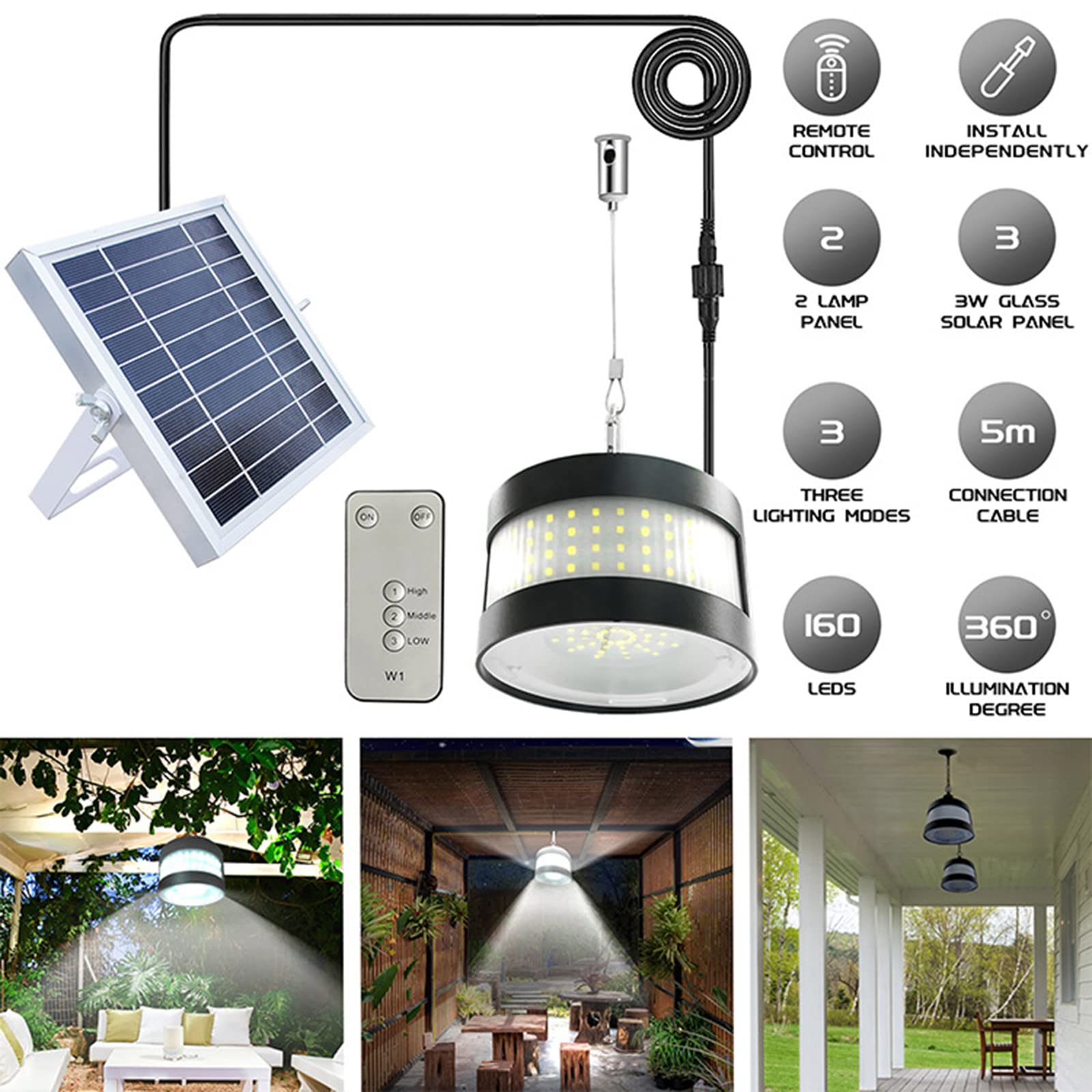 Luz Colgante Solar Con Control Remoto, Interior Al Aire Libre 3 Modos LED Iluminación Colgante Con Brillo Lateral, IP65 Luz Solar A Prueba De Agua Para Jardín Patio Camping