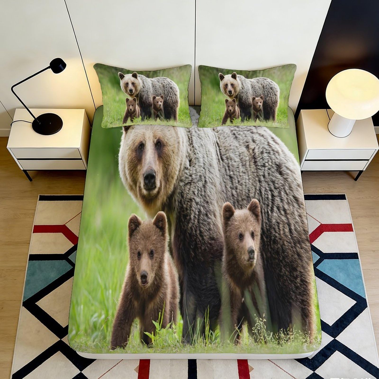 3D Printed Brown Bear Forest Fitted Sheet Microfiber Soft Mattress Cover Nature Animal Decor for Bedroom Guestroom 90x200x25cm