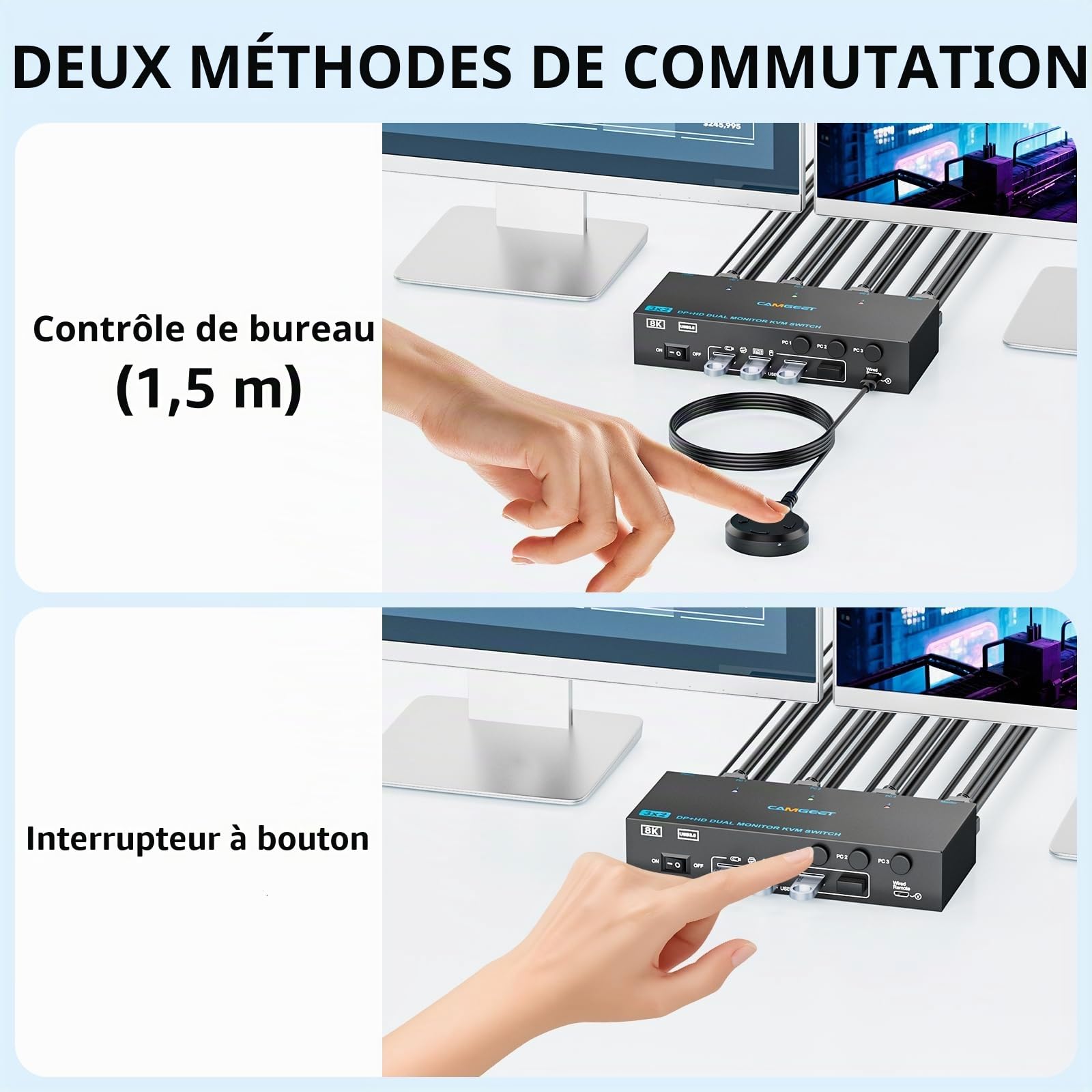 Commutateur KVM HDMI Displayport 4K @ 144 Hz, 2 moniteurs, 3 ordinateurs, commutateur KVM USB 3.0 double moniteur DP 1.4 HDMI 2.1 Commutateurs KVM pour 3 ordinateurs partagent clavier, souris et 2