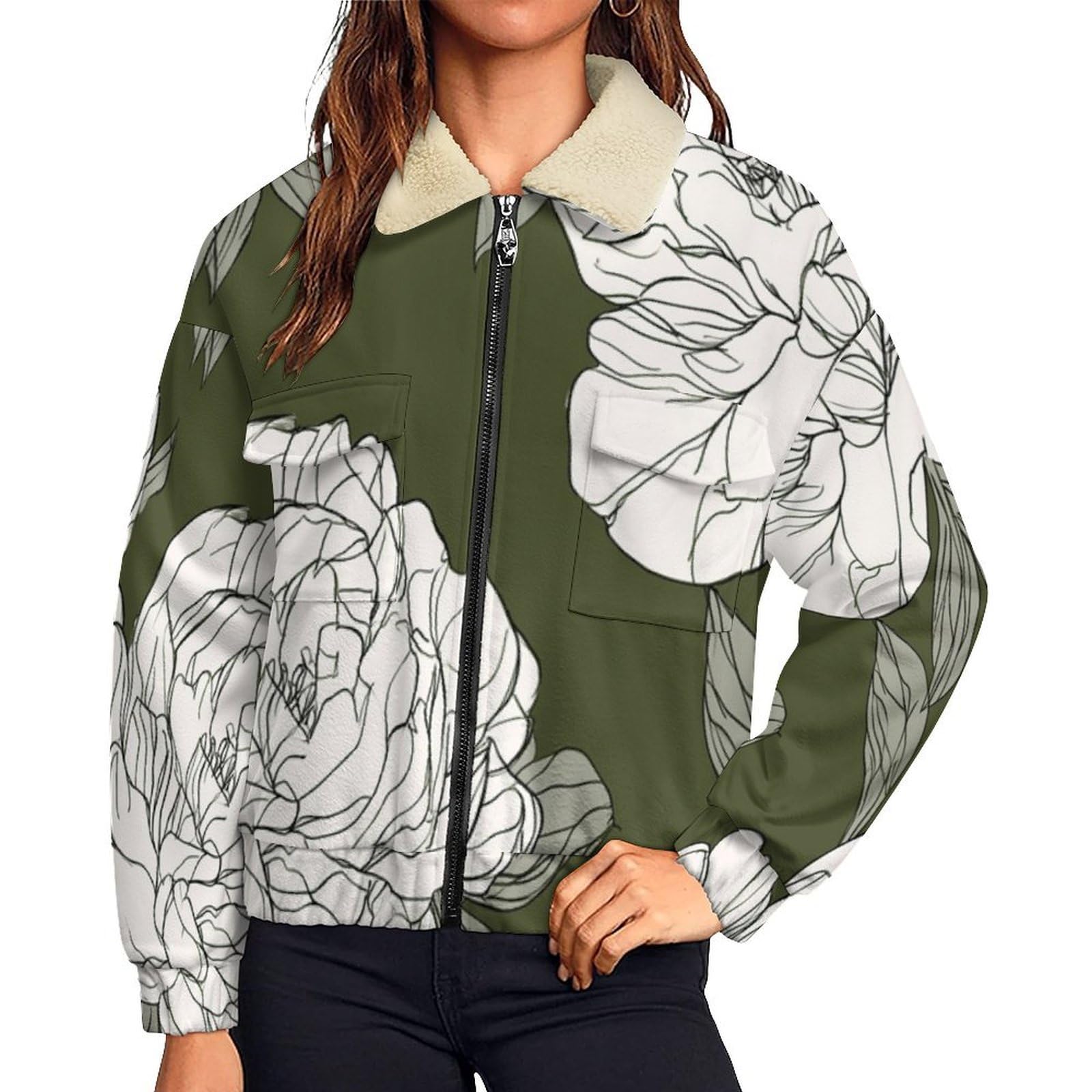 Giacca in Pile da Donna Teddy Fodera Peluche Sherpa con Cerniera, Stampa Rose Peonie, Giacca Linee d'arte Caldo Fleece Maniche Lunghe, Giacche Inverno con Tascabile