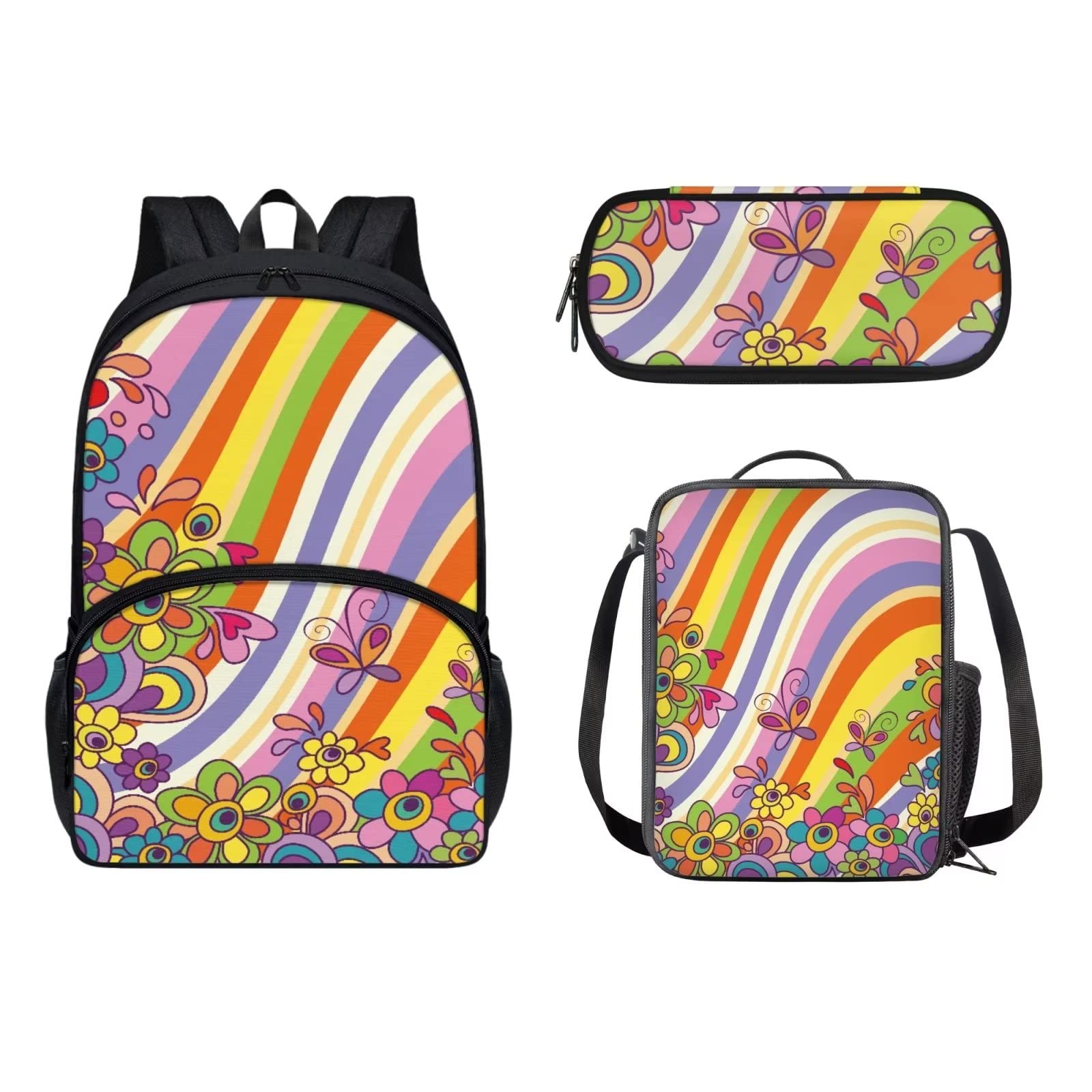 POLERO Mochila escolar de caballos para niños, juego de bolsas de almuerzo, estuche para lápices, 3 piezas, bolsas escolares, Flores de mariposa de rayas coloridas, Talla única, Mochila infantil