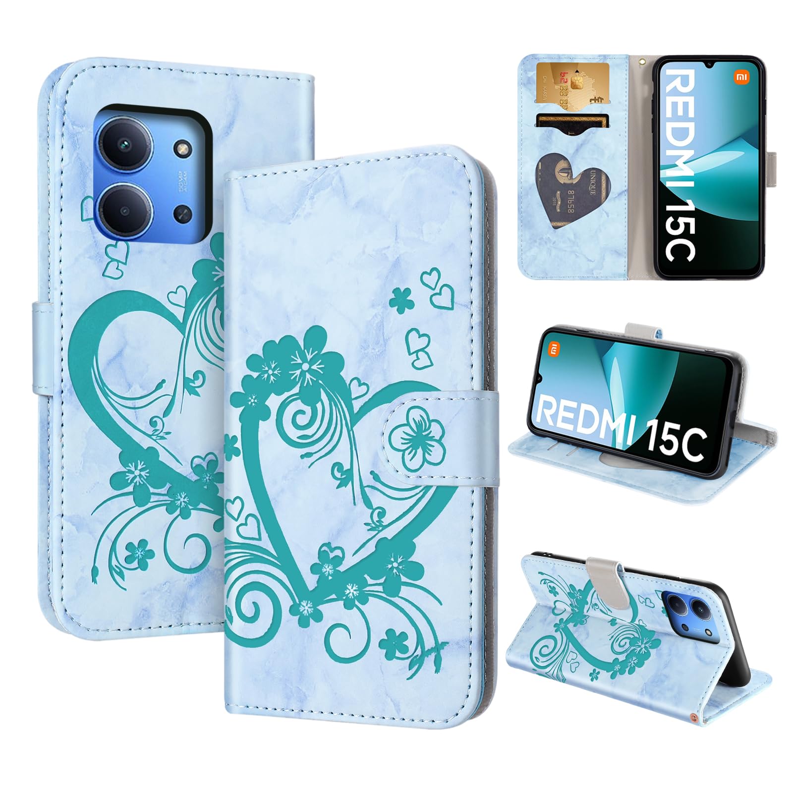 CASAFUNY Handyhülle für Xiaomi Redmi 15C Hülle,Grün | PU Leder,Brieftasche Kartenfach,Flip Case,Schutzhülle Klapphülle für Xiaomi Redmi 15C
