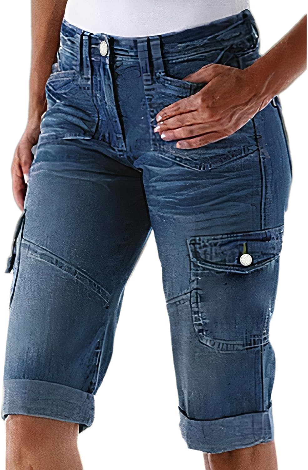Flamingals Women's Bermuda Denim Straight Leg Shorts with Flap Pockets Mid Waist Casual Shorts Roll Hem