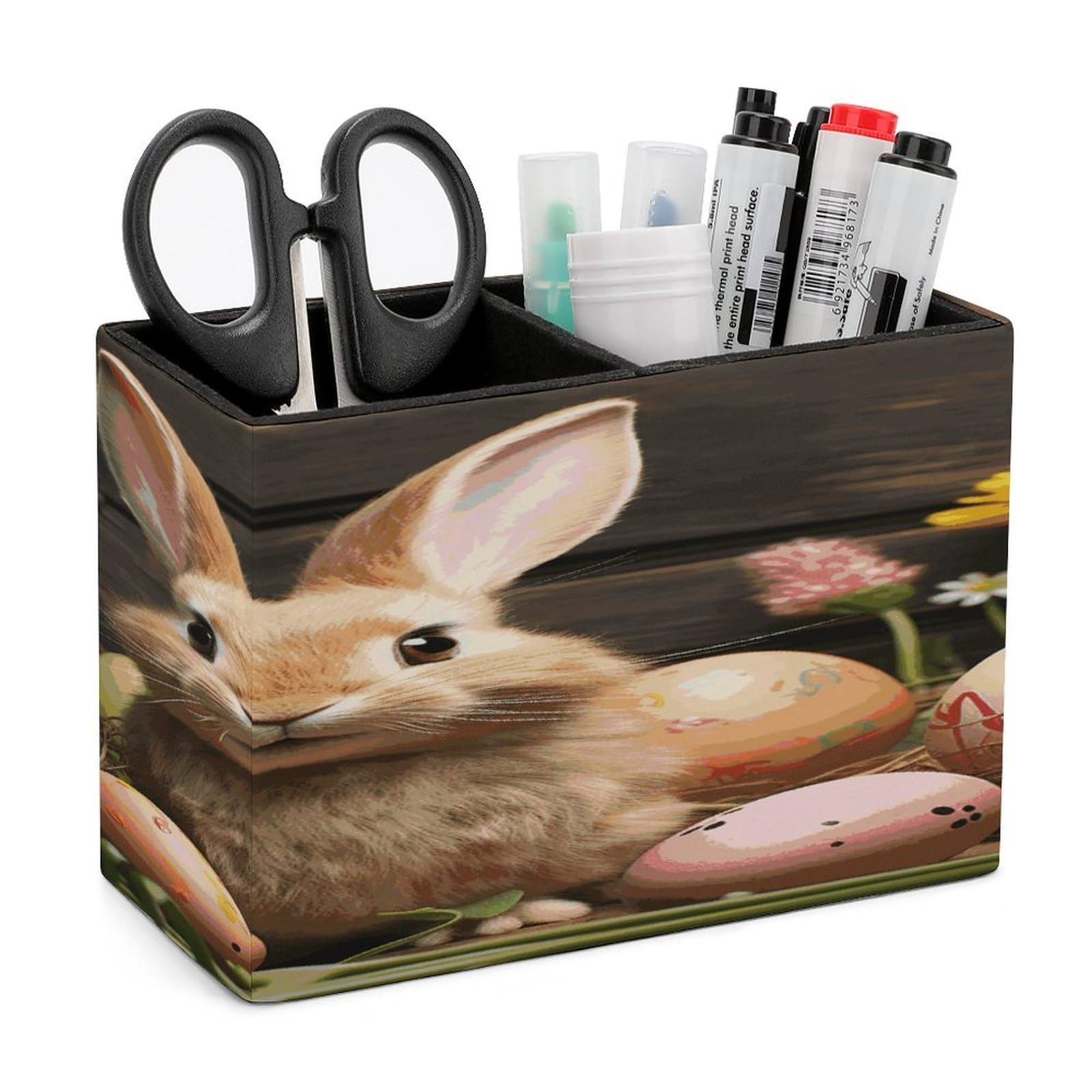FekiLoot PU Leather Easter Egg Bunny Pen Holder for Desk 2 Compartments Desktop Stationary Organizer Rectangle Table Pencil Cup Stand Desktop Stationery Organizer Case for Office Home