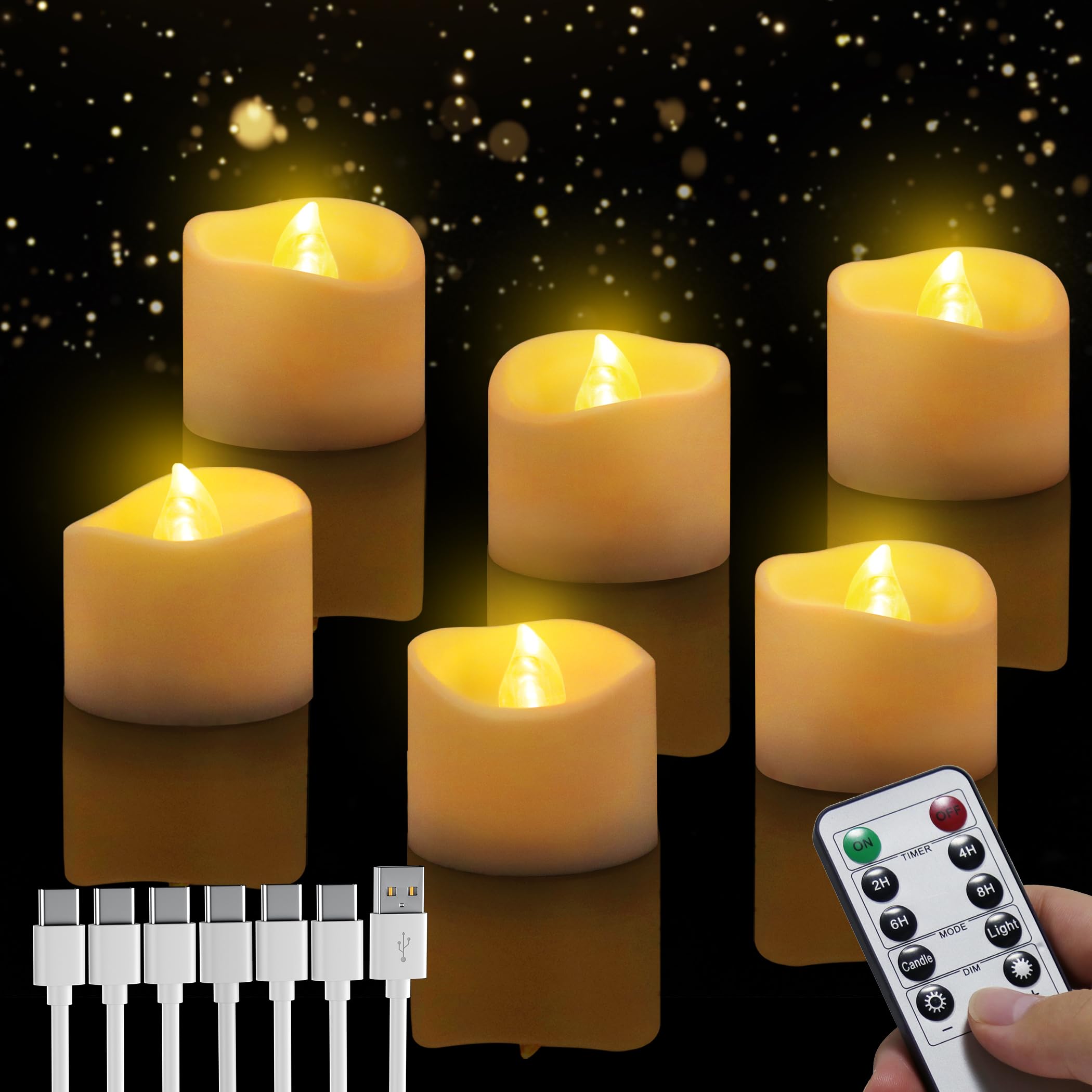 daphomeu Led Kerzen Wiederaufladbar, 6 Stücke Teelichter mit Timerfunktion, Led Kerzen Flackernde Flamme mit Fernbedienung für Halloween, Weihnachten, Herbst und Winter, Hochzeit