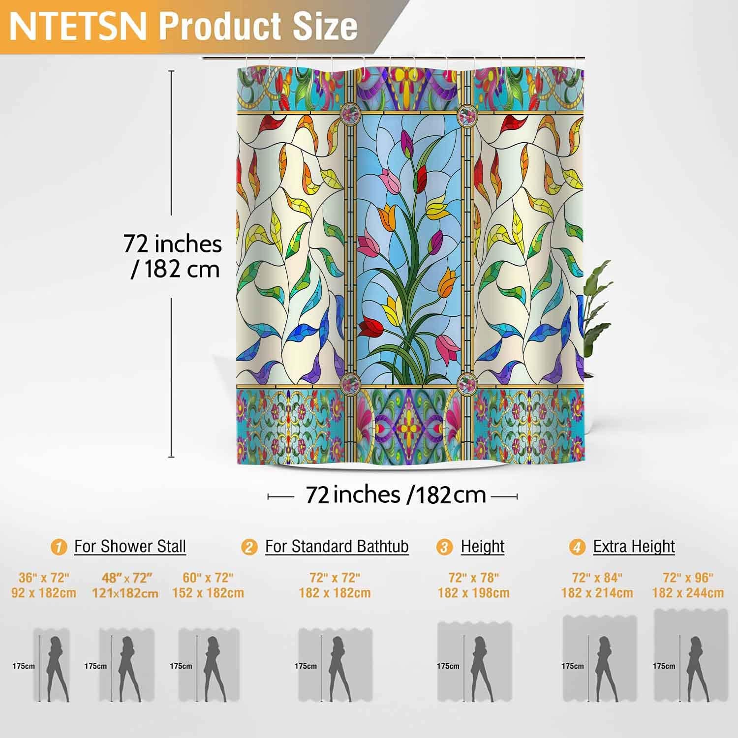 Stained Glass Window Shower Curtain, Antique Style Ornate Symmetric Tulip Floral Leaves Tile Fractal Pattern Decor, Abstract Polyester Home Hotel Apartment Bathroom Curtains YLDWNT211