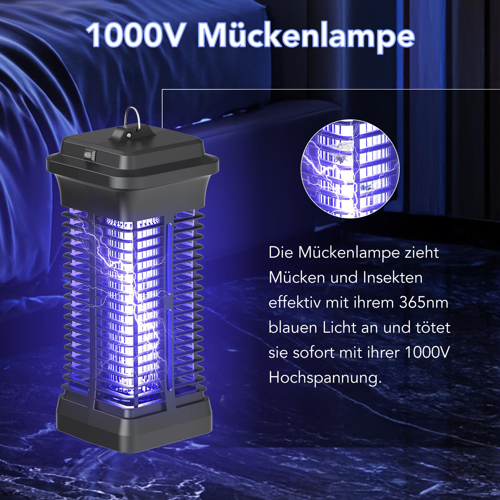 Insektenvernichter Elektrisch, 365 nm UV Licht Mückenlampe mit 1000V Elektroschock, Chemiefrei Fliegenfalle für Innen & Außen, Effektive Moskitoschutz Lampe für Schlafzimmer, Küche, Wohnzimmer