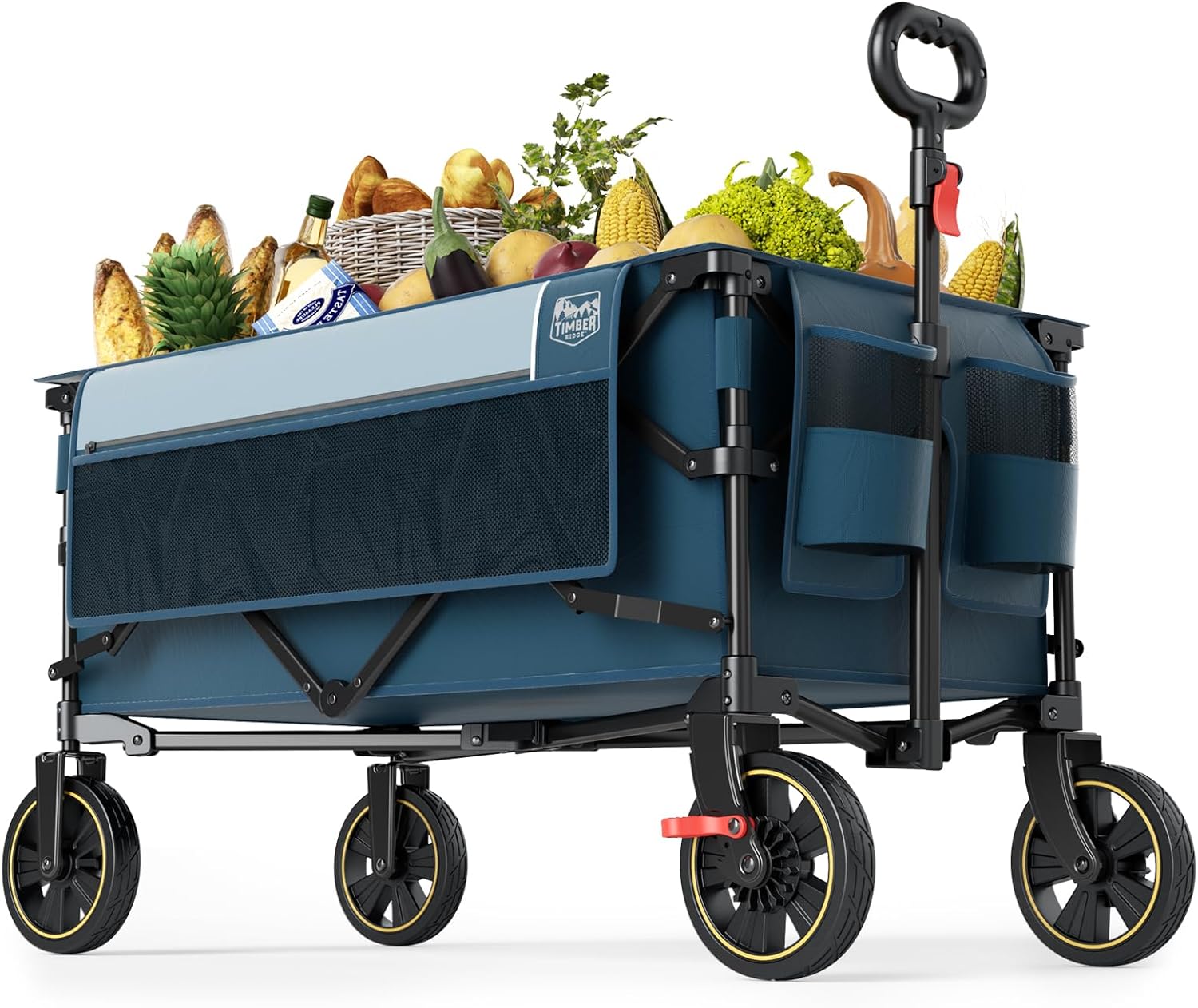 TIMBER RIDGE Collapsible Wagon Cart with Brakes, 270lbs Large 200L Capacity, Compact, Portable Easy to Carry Folding Wagon, Utility Grocery Cart for Camping, Gardening, Shopping Blue